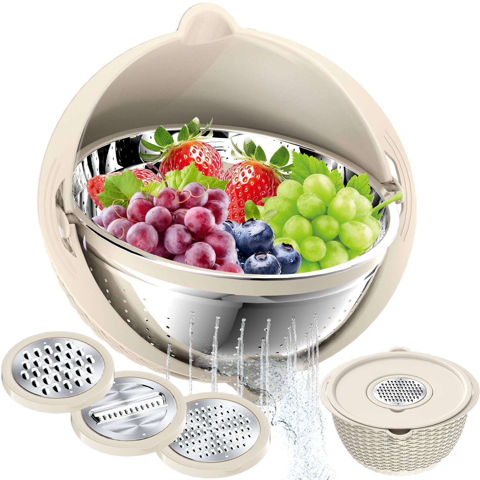Colador 4-1 con juego de cuencos, coladores y coladores de alimentos, cuenco para lavar frutas con colador, colador giratorio para cocina, accesorio de cocina estético, color beige