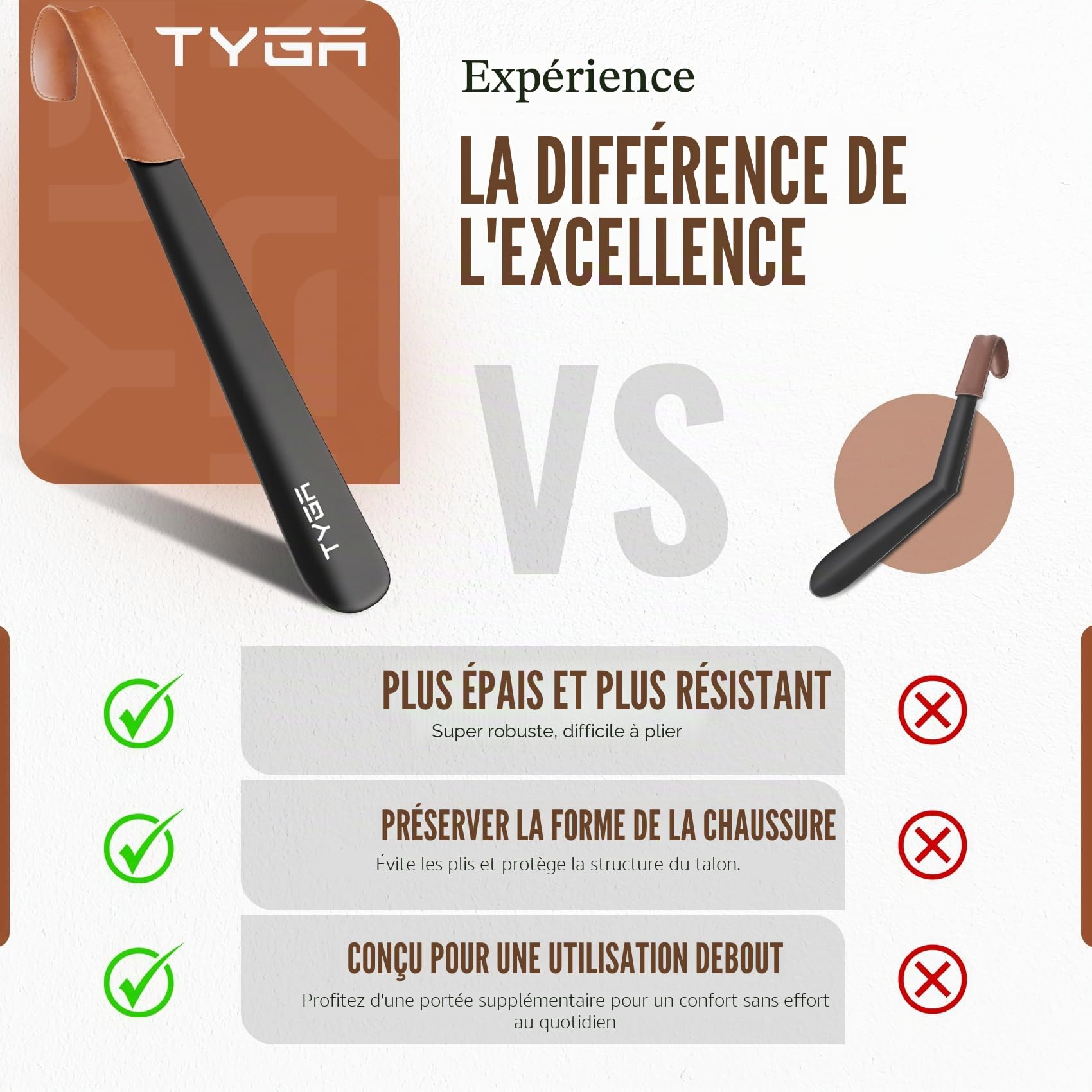 TYGA STORE Chausse-pied en métal – 42 cm de long manche, chausse-pied avec poignée en cuir, pour hommes, femmes et enfants