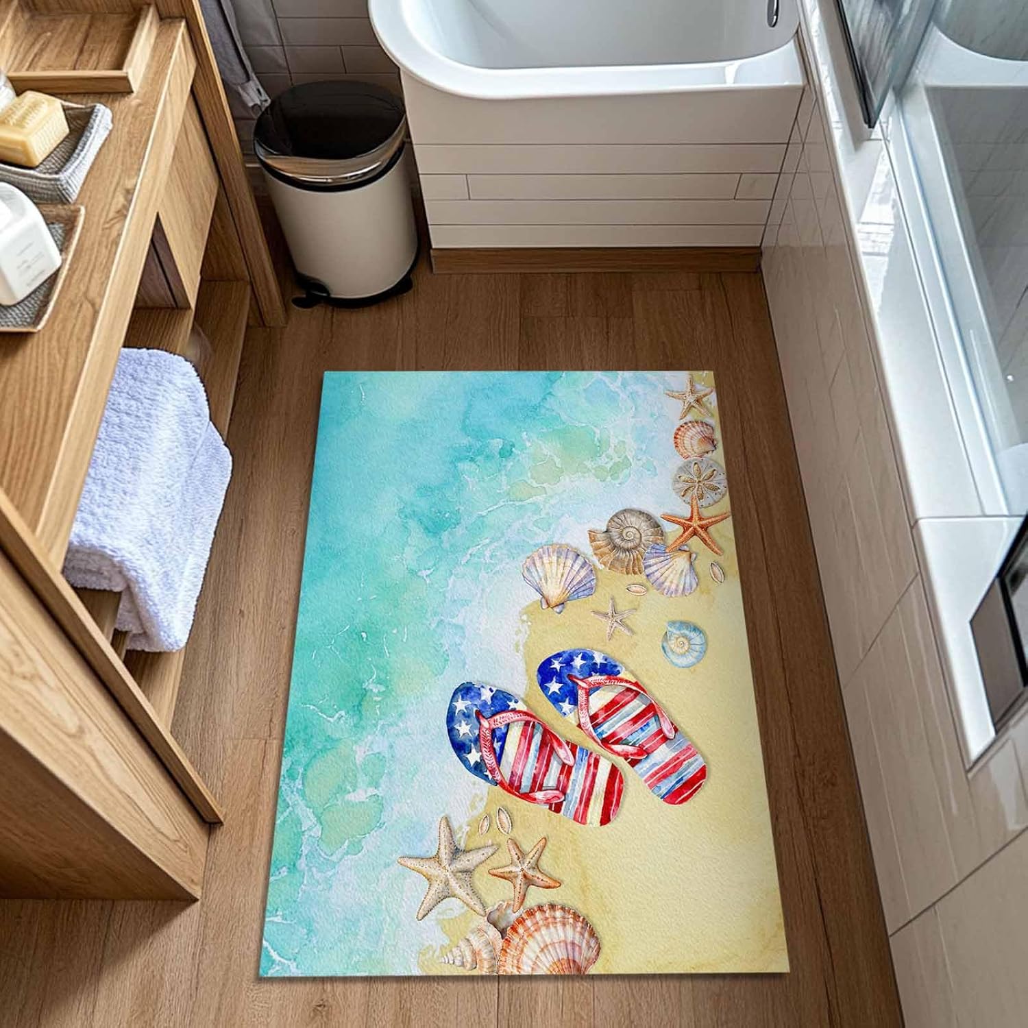 Summer Beach Entrance Floor Mat Personalized Doormat, Red Blue Slippers Welcome Door Mat, Low Profile Non Slip Entry Rugs for Kitchen Bathroom Home Front Decor, 16x24in