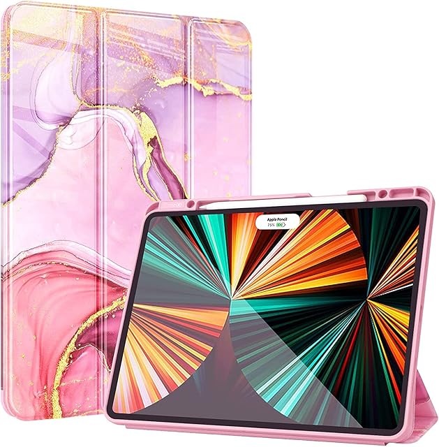 ZtotopCases Case for iPad Pro 12.9 5th Generation 2021 with Pencil Holder, Soft TPU Back Cover, Rugged Shockproof Case with Auto Sleep/Wake, Marble Pink