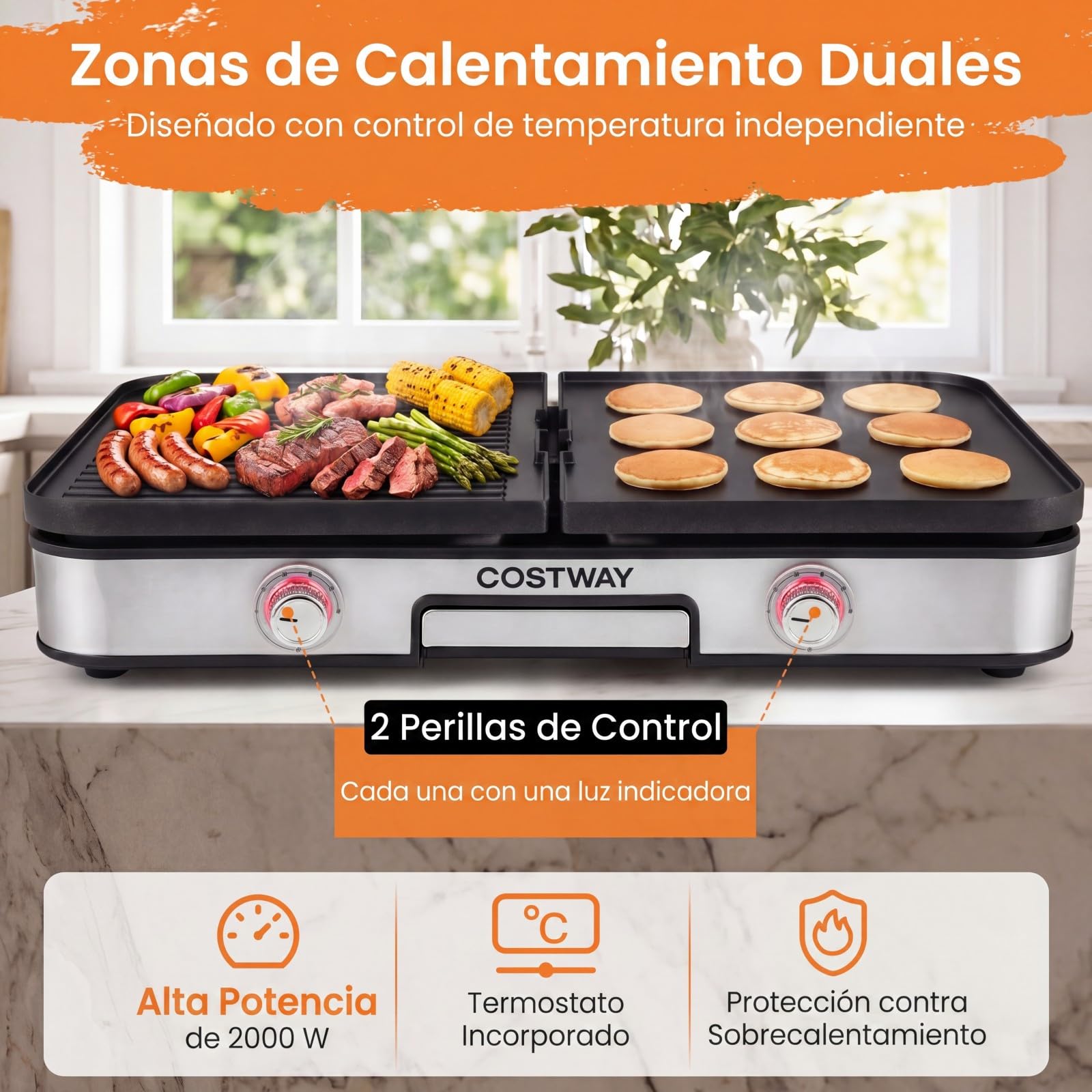 COSTWAY Plancha Cocina 3 en 1, Parrilla Eléctrica 2000W con 2 Placas Reversibles, Temperatura Ajustable y Control Independiente, Superficie Antiadherente, Grill Barbacoa Interior Exterior Picnic
