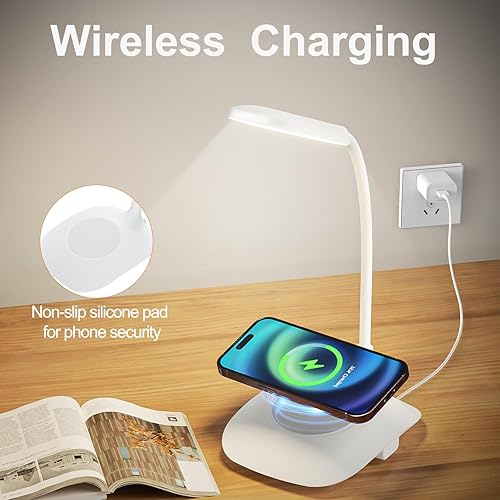 Miniatura 3 de Lámpara de escritorio LED con carga inalámbrica, control táctil, luz de oficina regulable, cuidado de los ojos, lámpara de mesa de cuello de cisne