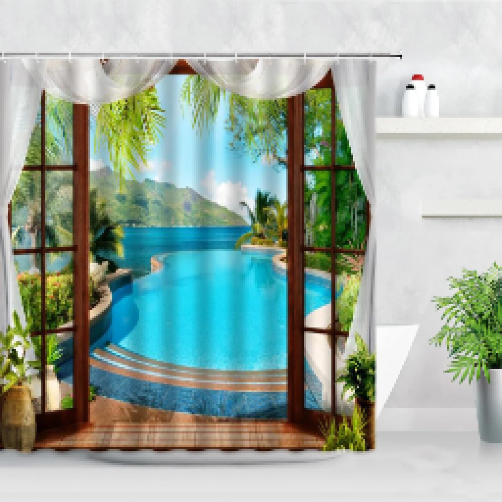 Rideau de douche 3D plage et palmiers 145x213cm pour salle de bain