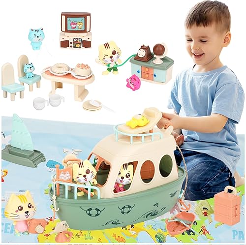 TQQFUN Juguetes de gato para niños, juego de figuras de gato, juego de barco para baño, playa, juego de rol, juguetes de animales para niños y