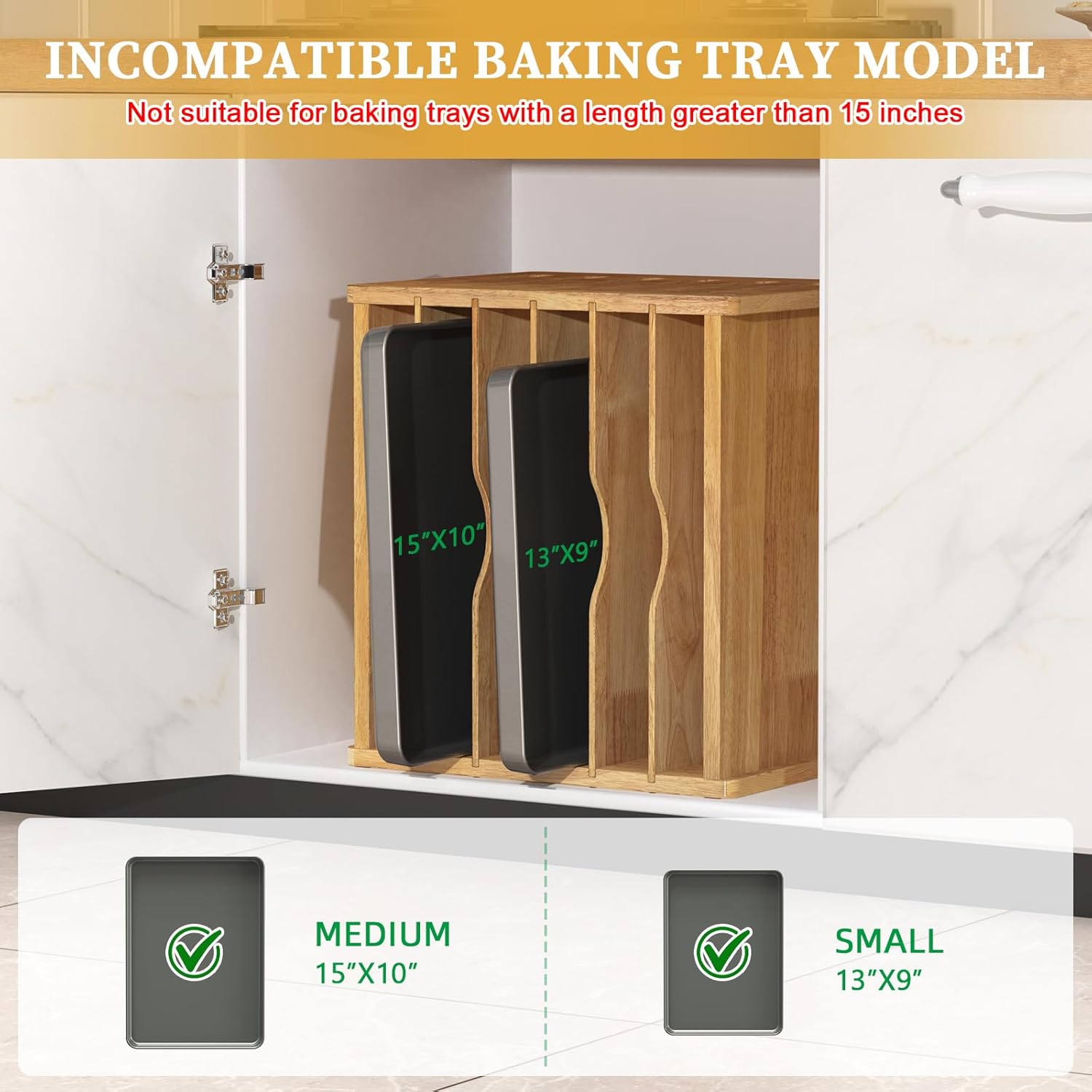 7 Tier Rubber Wood Tray Dividers for Cabinets, Heavy Weight Kitchen Vertical Tray Divider Organizer, Storing pans, Baking trays, Cutting Board(16.7" W x 16.1" H x 12.4" D)