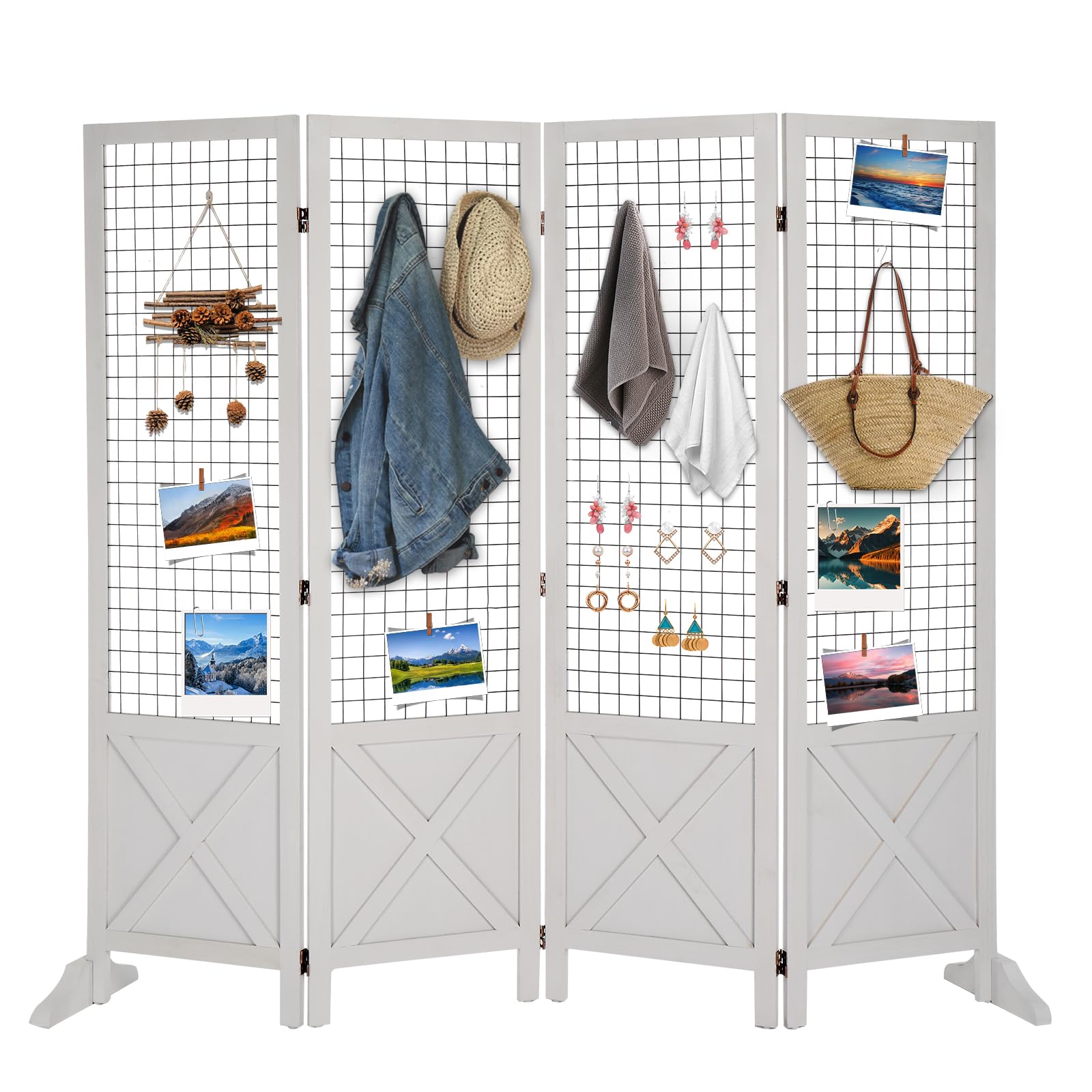 VINGLI Room Divider Freestanding Gridwall, 4 Panel Folding Display Board Organizer with Base Feet, Decorative Wooden Frame Wire Grid Screens for Craft