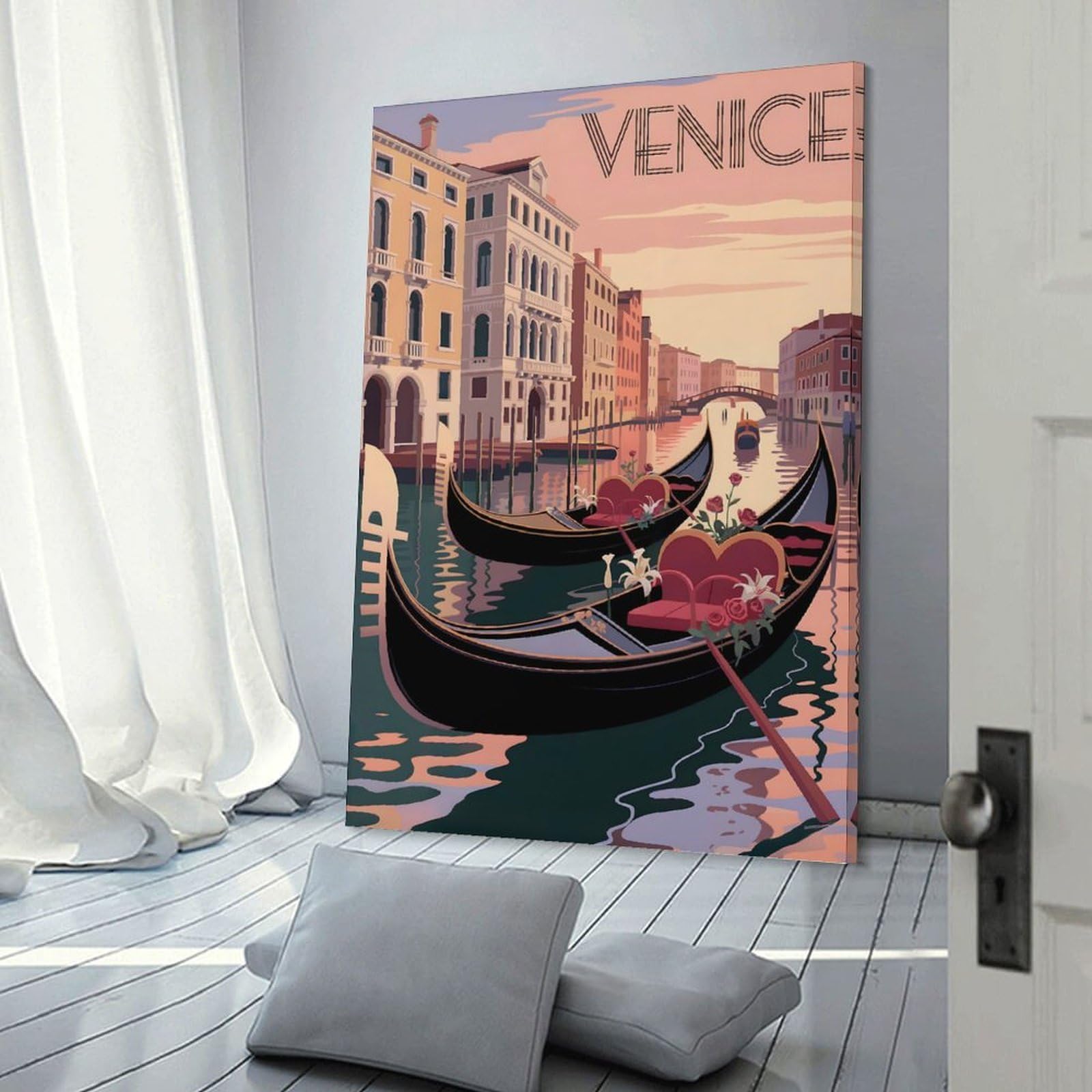 Junmoney Venice Gondola Travel Hanging Wall Art 24x36inch(60x90cm), for Feature Walls in Flats Or Modern Rooms, Home Wall Art for Statement Displays