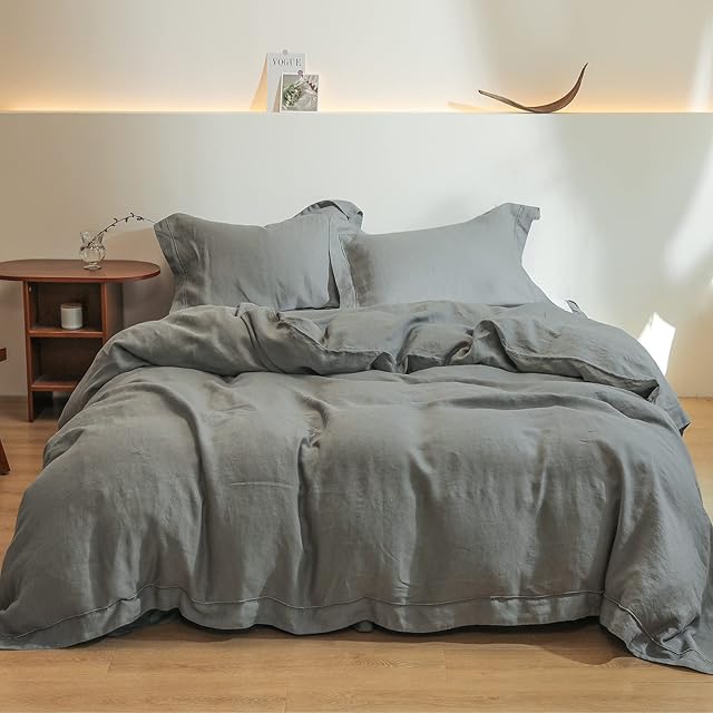 Simple&Opulence Super King Duvet Cover Sets,100% Linen,Cozy Breatherable Washed Linen Bedding with Embroidery Pillowcases,Quilt Cover with Button Closure,260cm x 220cm,Ultimate Grey