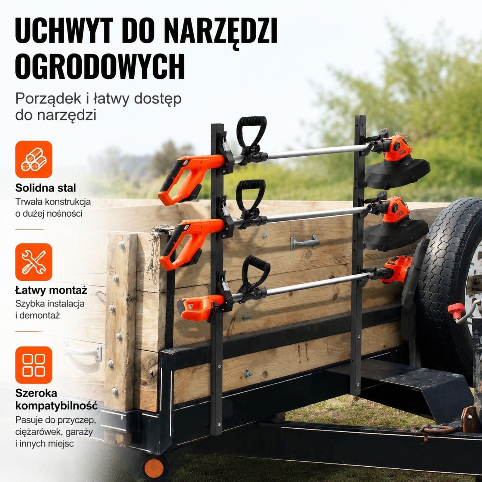 Uchwyt na podkaszarkę, stojak pionowy, maks nośność 30 kg (3 gniazda) / 10 kg (1 gniazdo) Stojak na podkaszarkę do trawy, idealny do prac ogrodniczych i kształtowania krajobrazu