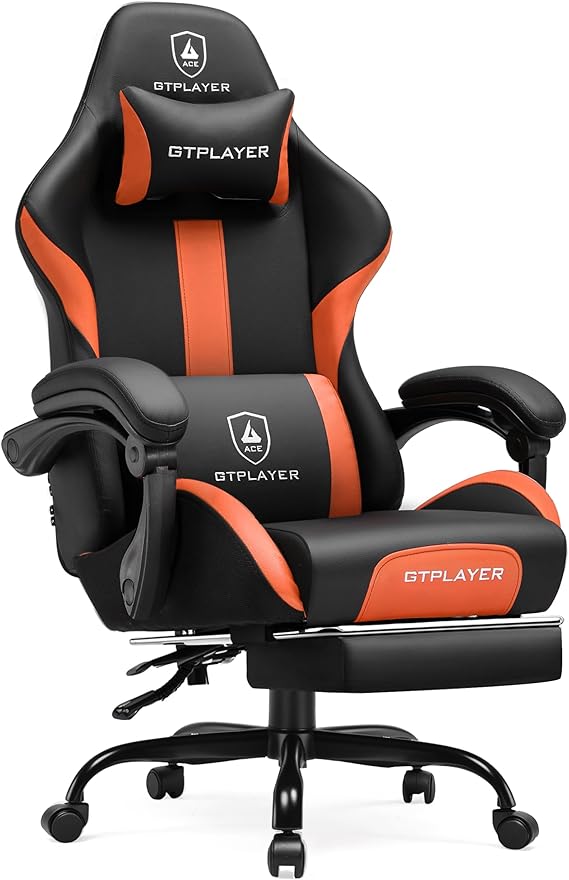 GTRACING Gaming Chair with Foot Rest & Pocket Spring Cushion, Ergonomic High Back Computer Chair with Headrest & 360°-Swivel Seat for Home Office Desk, PU Leather, Orange