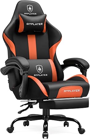 GTRACING Gaming Chair with Foot Rest & Pocket Spring Cushion, Ergonomic High Back Computer Chair with Headrest & 360°-Swivel Seat for Home Office Desk, PU Leather, Orange
