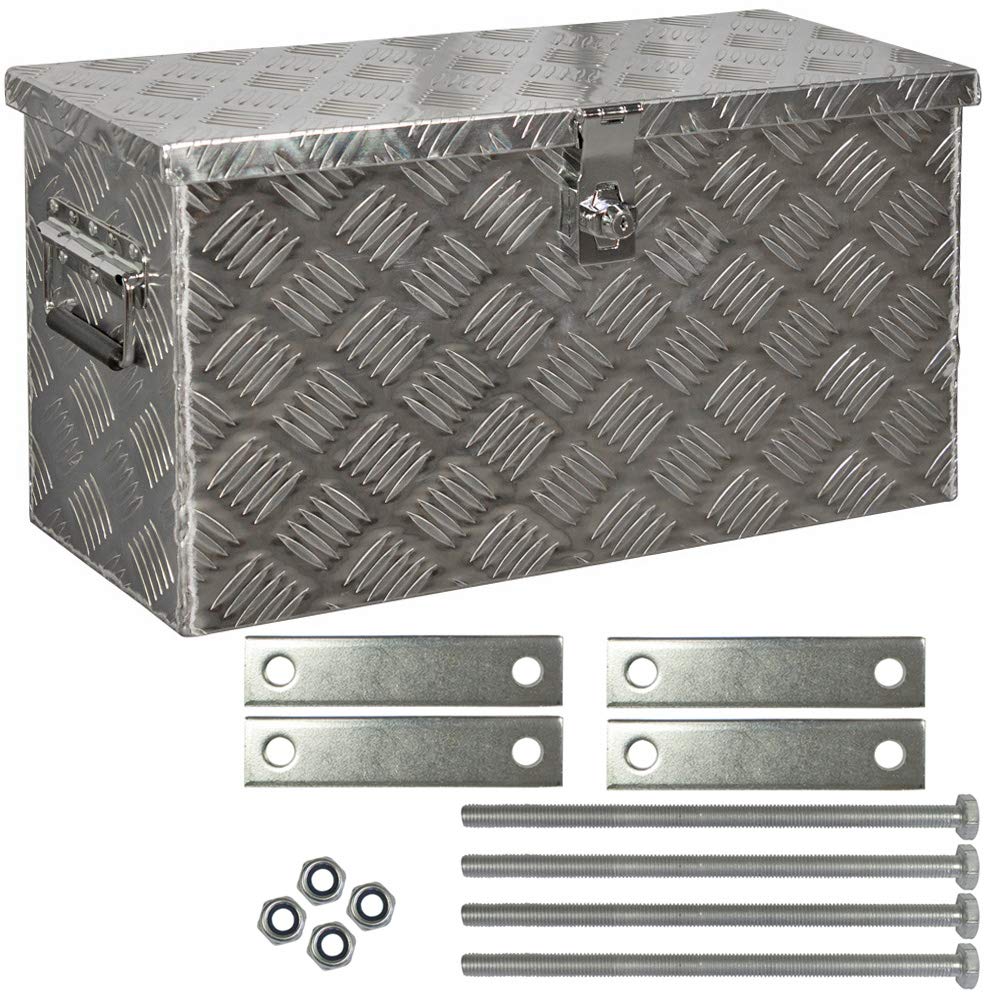 Trucky Skrzynka na samochód z aluminium, model D040, 59 x 25 x 31 cm, zamykana, wytrzymała blacha ryflowana, łącznie z zestawem montażowym, do warsztatu, samochodu, hobby