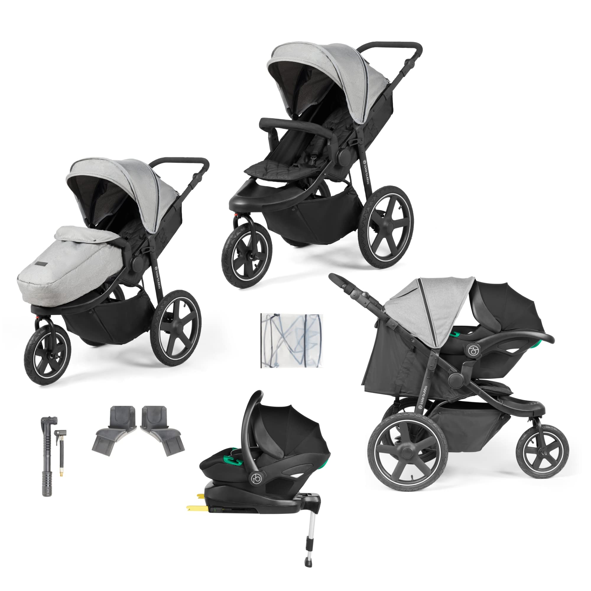 Ickle Bubba Venus Max Jogger i-Size Travel System (Space Grey)– 3-Wheel All-Terrain Stroller from Birth to 22kg with Stratus i-Size Car Seat, ISOFIX Base, Footwarmer, Rain Cover & Large Basket