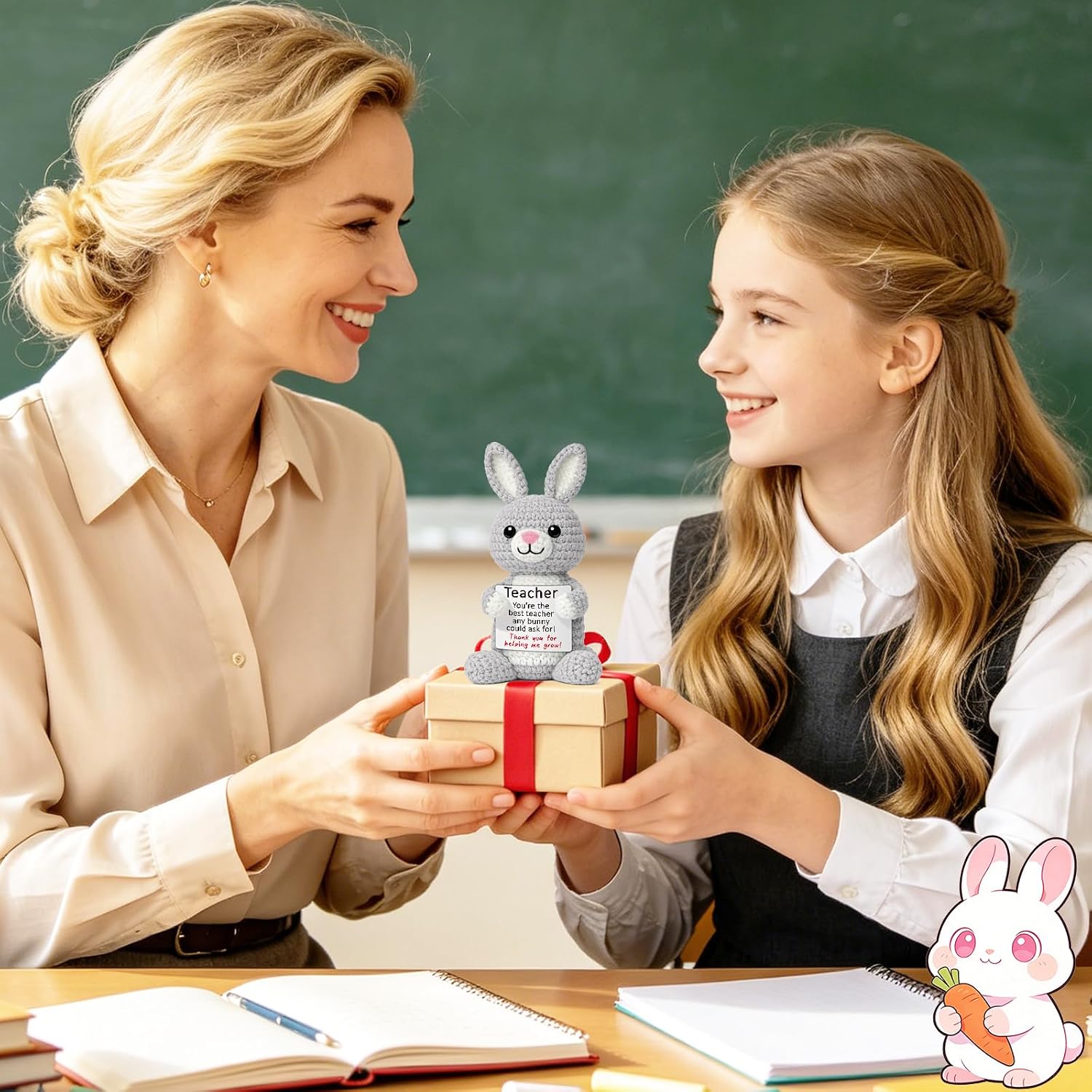WELLBANEE Birthday Gift for Teacher, Thank You Gifts for Women Teacher, Teacher Appreciation Gift, Cute Crochet Bunny, Handmade Rabbit Gift for Her, Back to School Teacher Gifts, Classroom Decoration