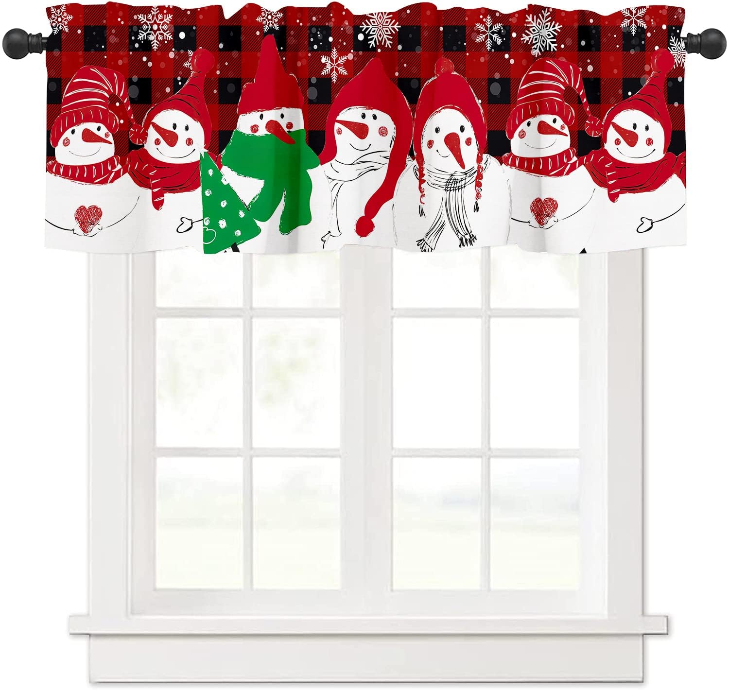 Gaakvrr Christmas Valance Curtains for Windows, Christmas Snowman Red Panels Winter Falling Snowflake Kitchen Valances for Windows, Window Treatments for Kitchen Bathroom Bedroom 45x135cm（18x54 Inch）