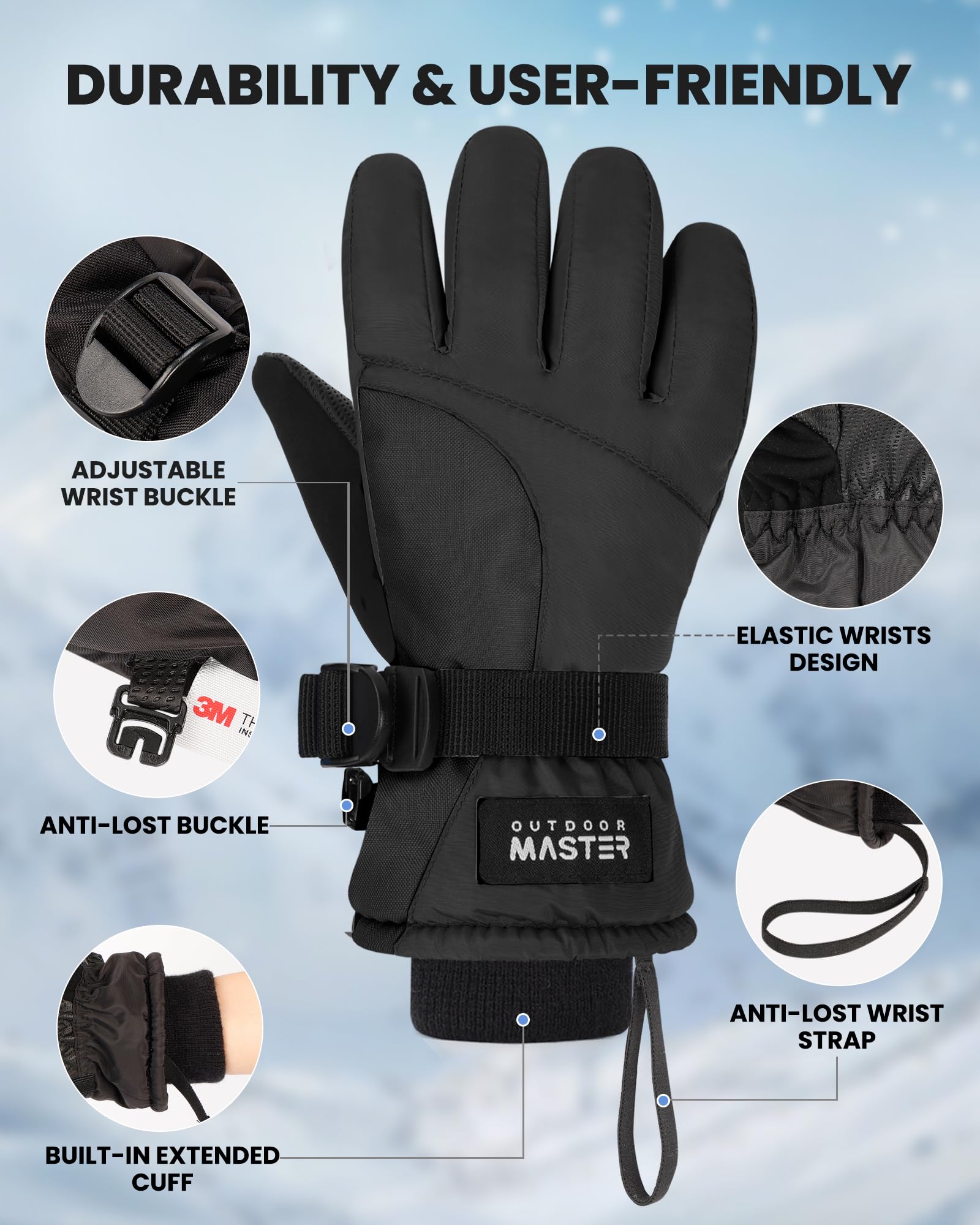 OutdoorMaster Kids Ski & Snow Gloves, 3M Winter Windproof Waterproof Thermal Gloves für Jungen & Mädchen, Wintersport, Skifahren, Snowboard