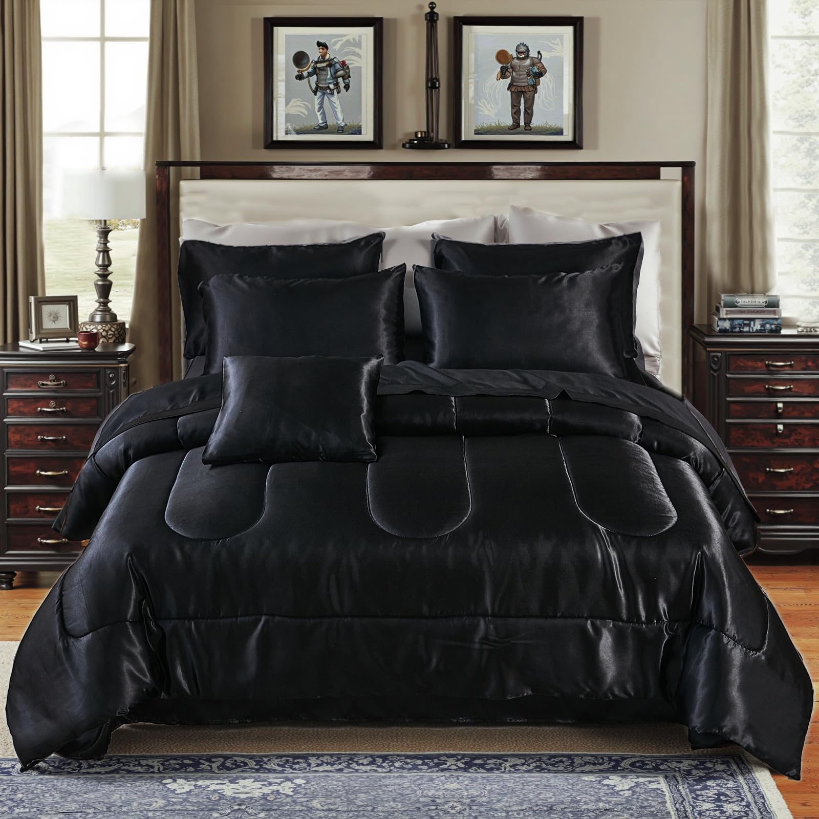 Bedding_Dreamer Black Silky Comforter Set Satin Queen Bed in a Bag 8 Pieces Luxury Hotel Silky Bedding with 1 Comforter, 1 Flat Sheet, 1 Fitted Sheet, 4 Pillowcases, 1 Cushion Cover (Queen, Black)