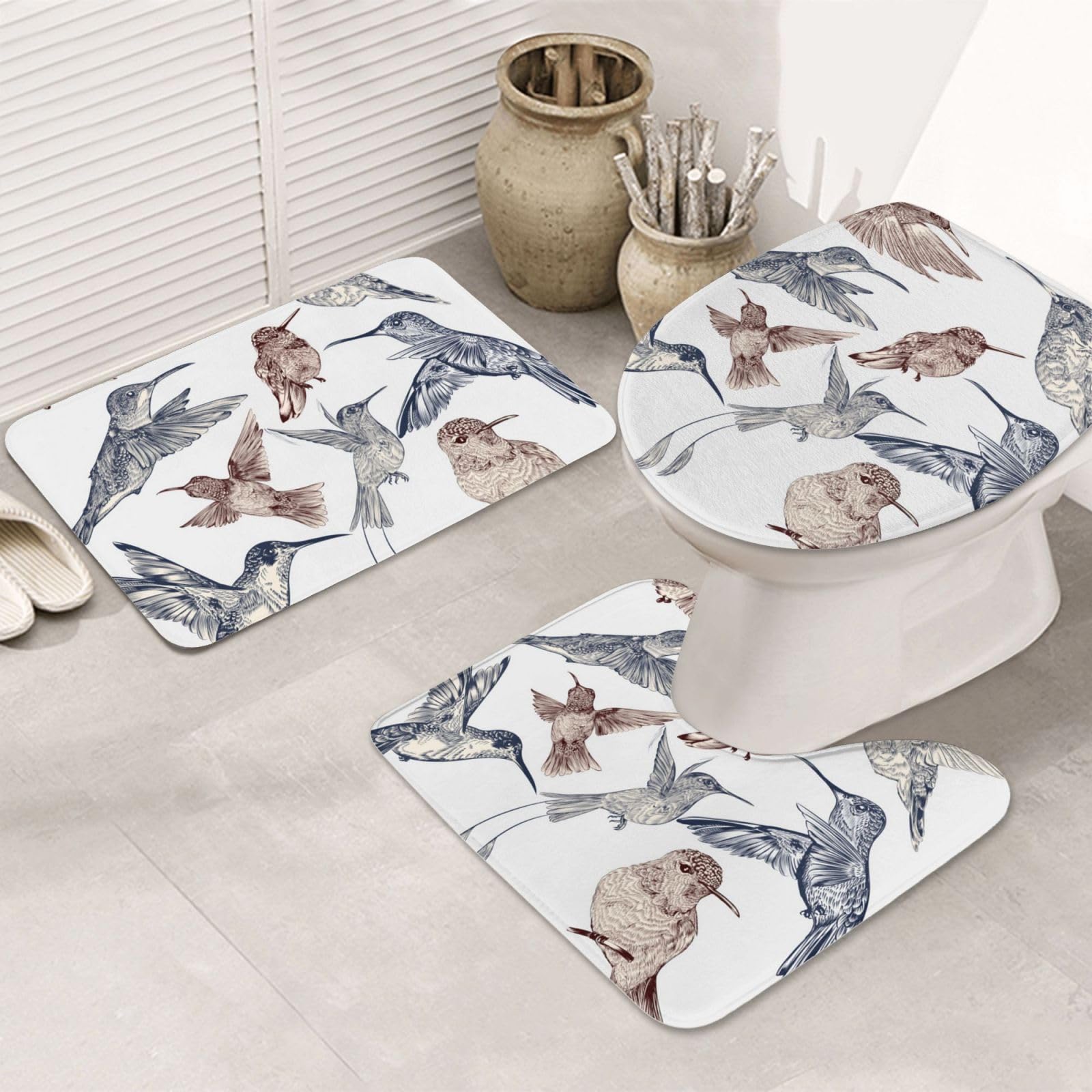 OUSIKA Set di tappetini da bagno disegnati a mano con stampa di uccelli, 3 pezzi inclusi, tappetino da contorno assorbente per bagno