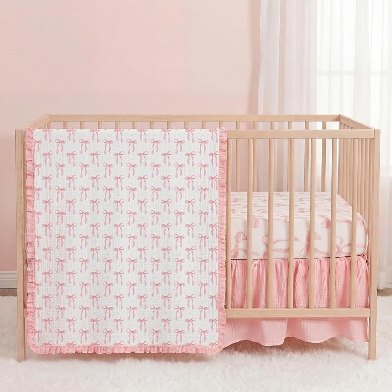 Juego de ropa de cama para cuna con lazo rosa, 3 unidades, con pollera de cama y edredón | Coquette 100% algodón, estándar 52'' x 28'', minifalda para cuna, juegos de cama ajustados de muselina, bebé recién nacido, lavable a máquina