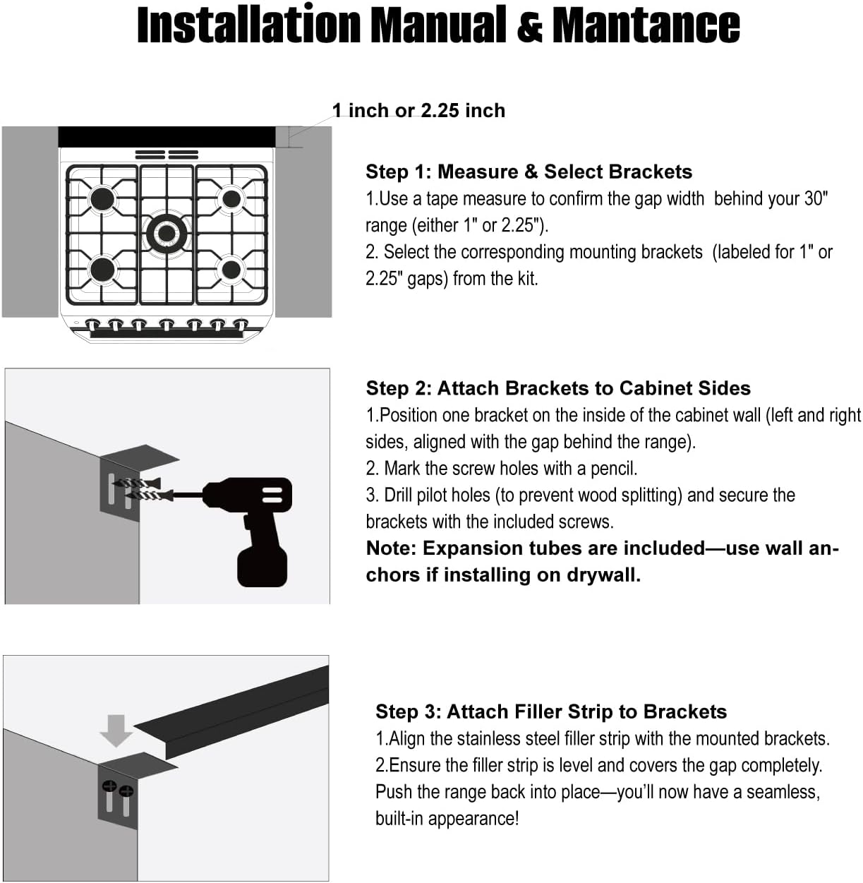 30" Slide-In Range Rear Filler Kit, Adjustable Stainless Steel Stove Gap Cover (1" or 2.25"), Easy-Install Backguard Trim for 30" Ranges, Heat-Resistant 304 Stainless Steel Gap Filler, Silver