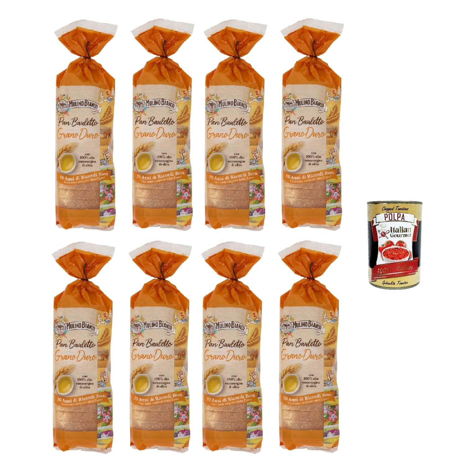 Mulino Bianco Pan Bauletto al Grano Duro 400g, Hartweizengrießbrot 8x400gr + Italian Gourmet polpa 400gr