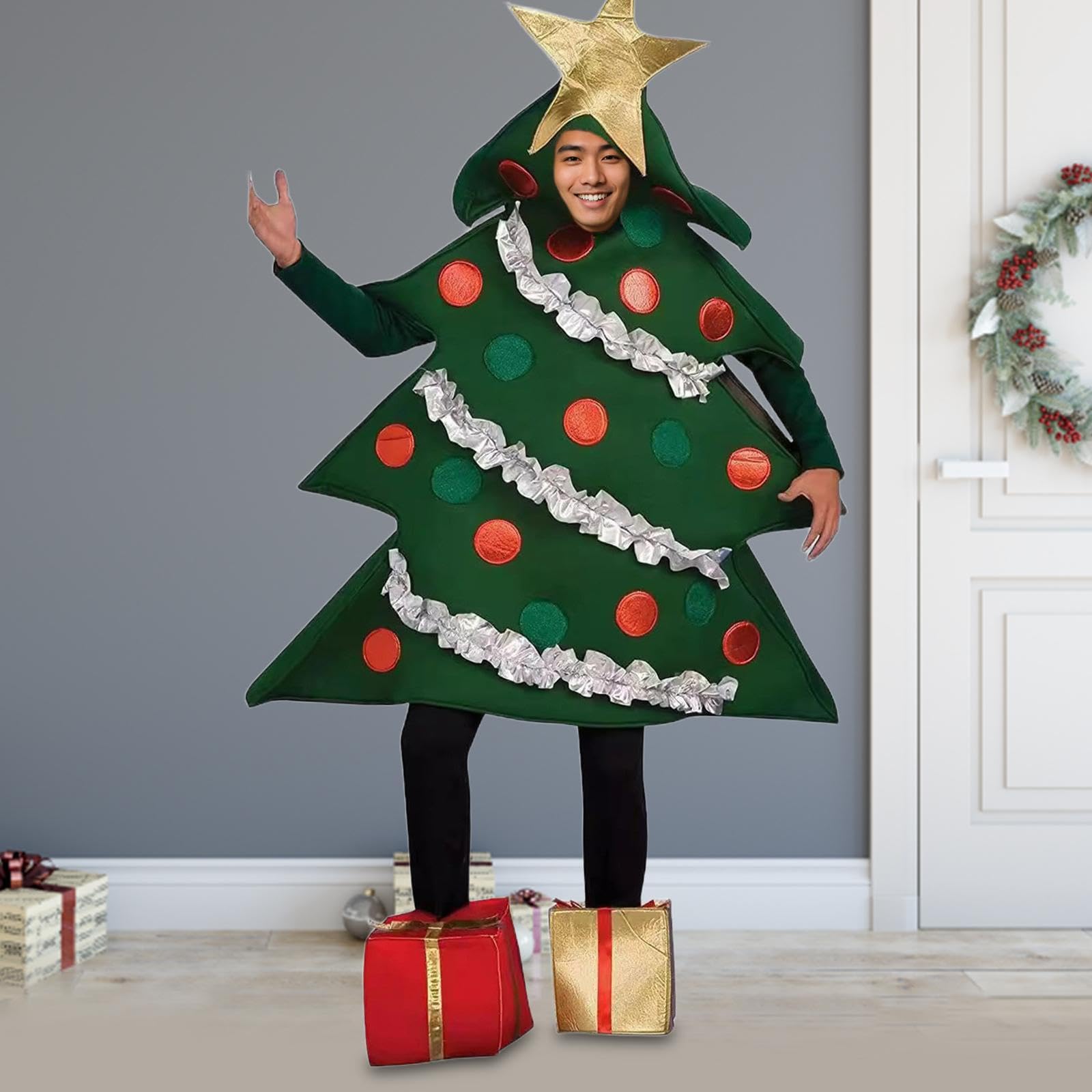 Weihnachtsbaumkostüm für Erwachsene mit Ornamentdetails und goldenen Schuhüberzügen, Verkleidungsset für Cosplay und Weihnachtsfeiern (Größe 155-175 cm)