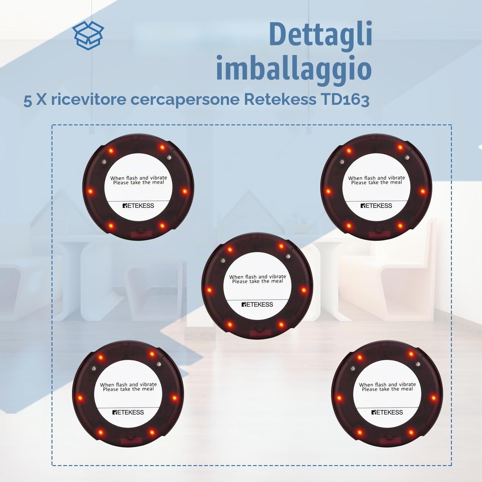Retekess TD163 Pager Ristorante, 5 Cercapersone | Compatibile con il Cercapersone per Ristorante file TD163, 31 Modalità di Chiamata, Distanza di 400 m, batteria 300 mAh
