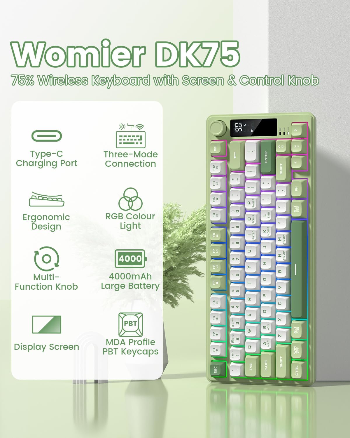 Womier DK75 75% Wireless Gaming Keyboard, RGB Backlit Creamy Keyboard with Multifunction Knob & Screen, Tri-Mode 2.4GHz/USB-C/BT5.0, Anti-Ghosting No-Conflict Silent Membrane Keyboard for MAC Windows