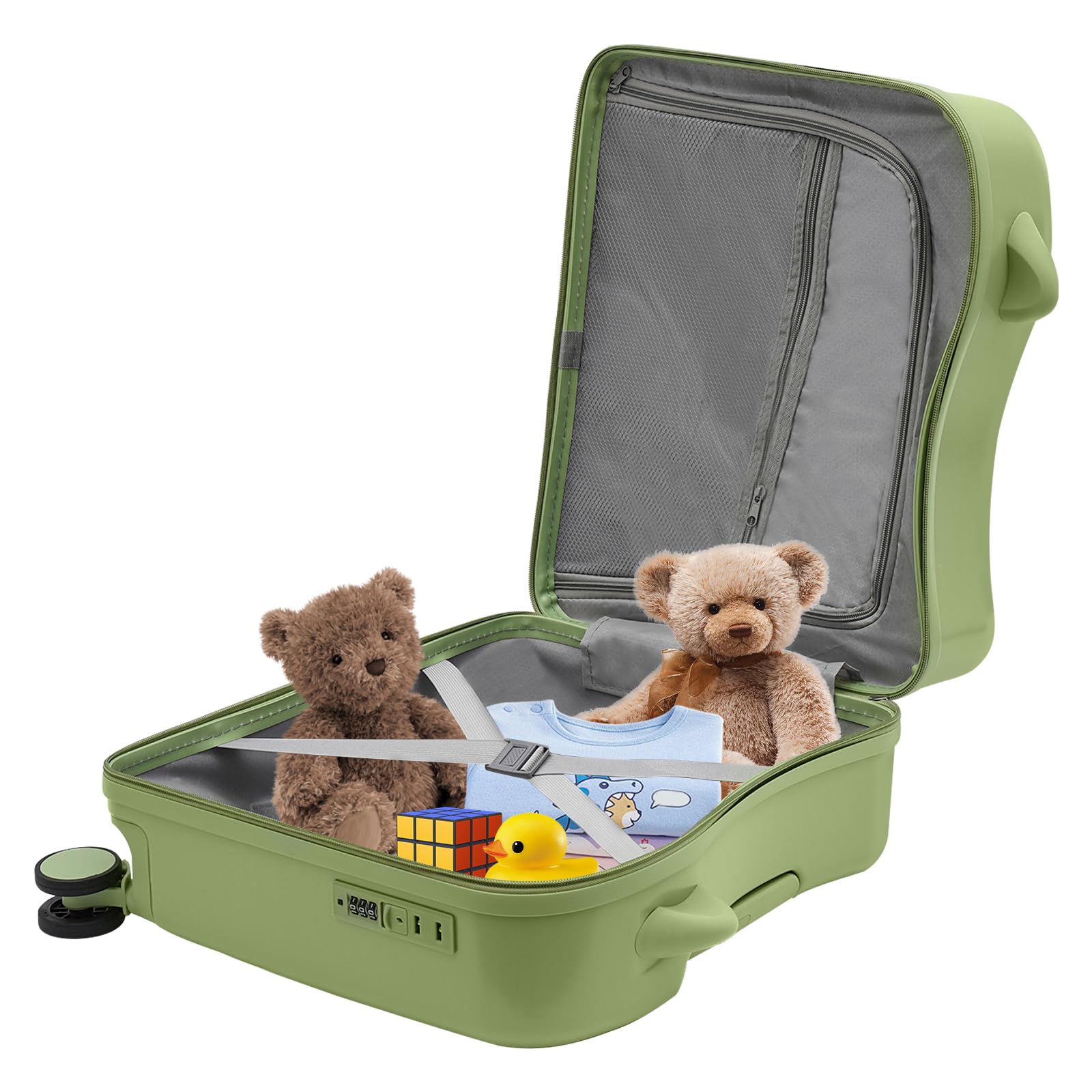 37L Kinderkoffer zum Draufsitzen, Kindertrolley Kindergepäck mit Zugstange und Passwortschloss, Leichtgewicht Kinder Rutschkoffer mit 4 Rollen, für 3-6 Jahre Mädchen & Jungen (Olivgrün)