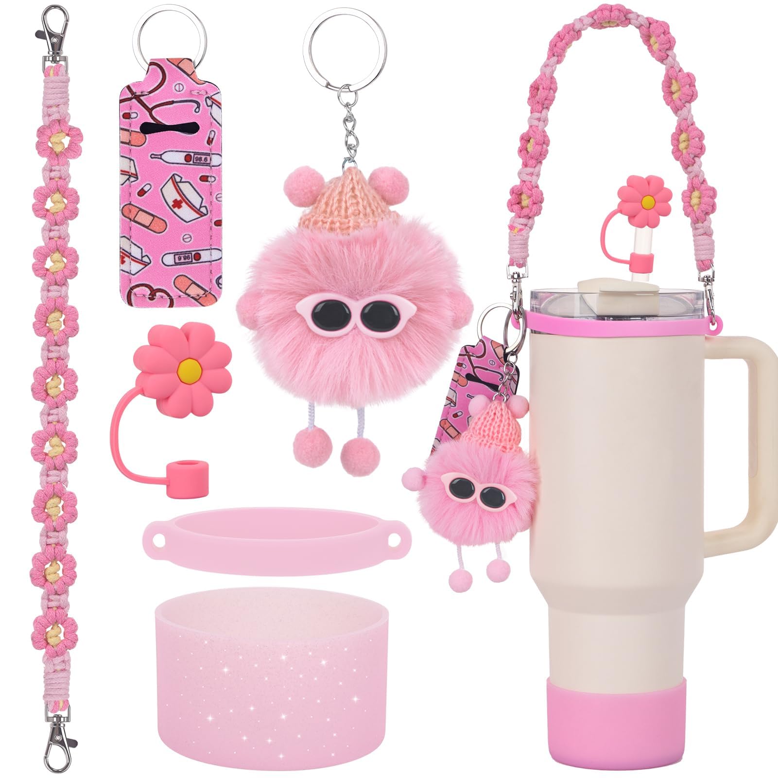 OSHIMA 6PCS Cup Accessories Set for Stanley Cup Straw Topper Cap Accessories 40&30oz Tumbler Water Bottle Handle Strap Keychain Charms (Pink)