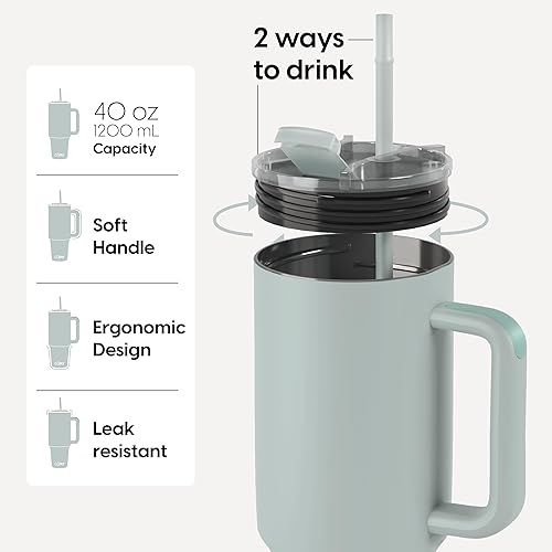 Miniatura 4 de O'JAY Vaso aislado de 40 onzas con asa y tapa con popote, 100% a prueba de fugas, taza de viaje apta para portavasos - Vaso aislado de acero