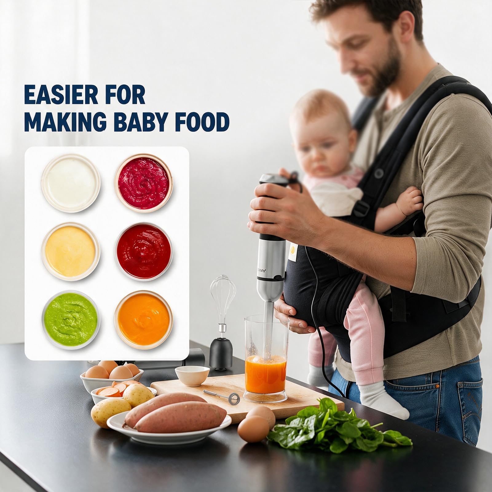 Elektryczny Blender Ręczny 1200W Blender Stykowy 5-W-1 Z Regulacją | Blender Ręczny Z Misą Rozdrabniacza 800ML Kubkiem 600ML Ostrzami ze Stali Nierdzewnej Trzepaczką i Zestawem Spieniacza(A)
