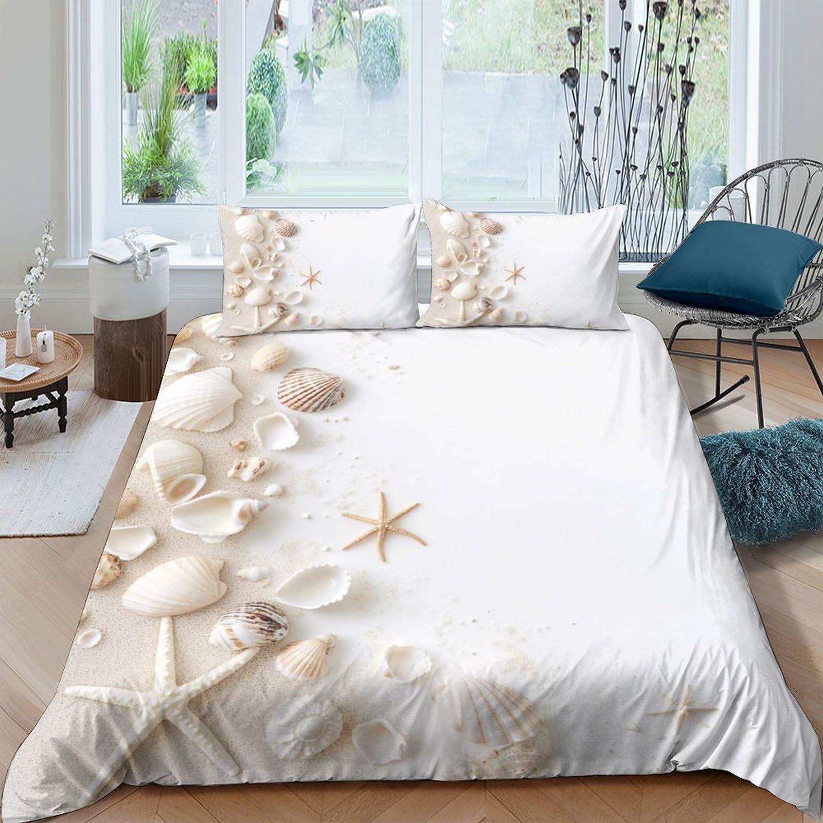 GPLZQXKJNH 3D Printed Seashell Beach Duvet Cover Microfiber Soft Breathable Starfish Quilt Cover Set with 2 Pillowcases for Bedroom Decor Single（135x200cm）
