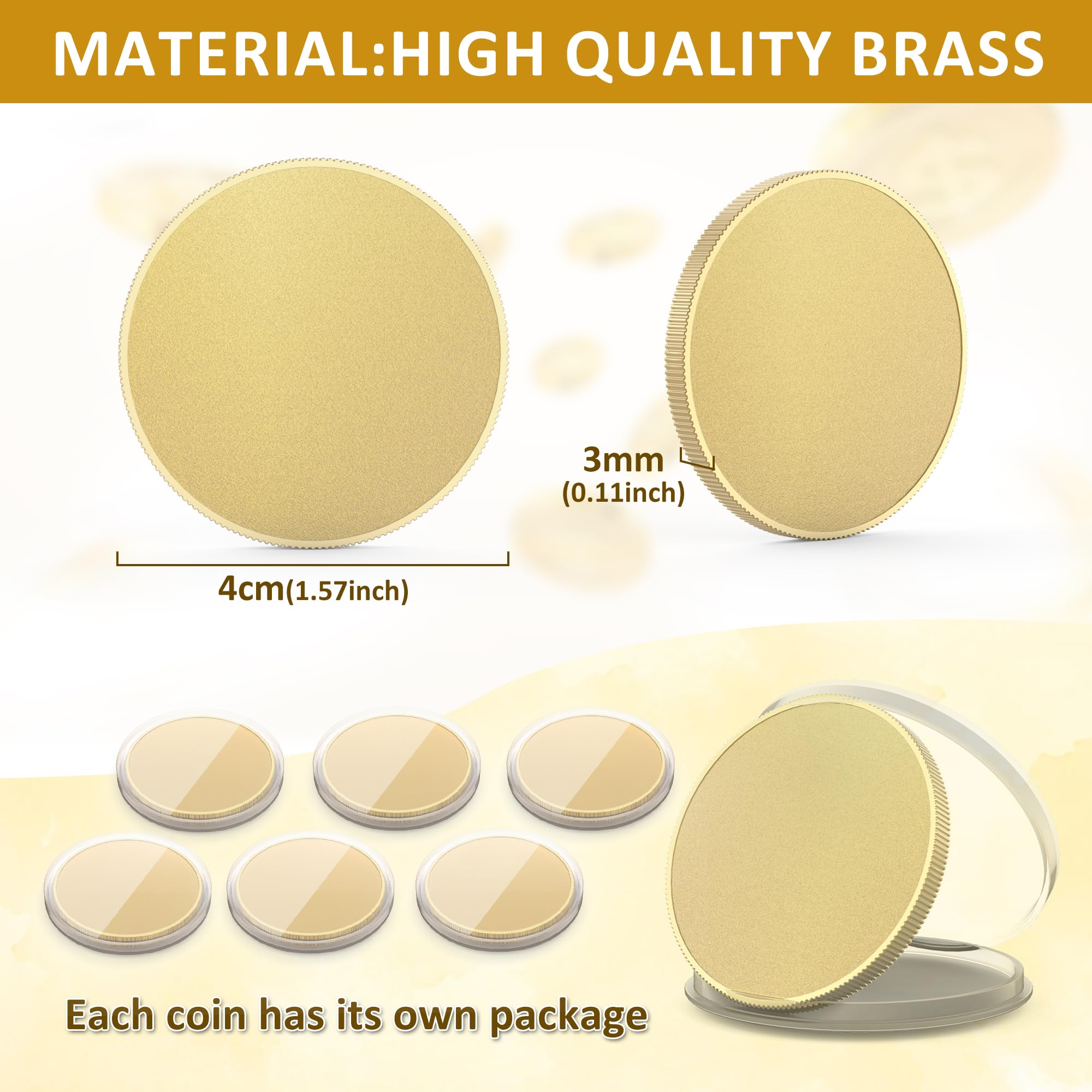 Lot de 6 flans pour pièces en laiton massif - Gravure laser - 40 mm (ép. 3 mm) - Bord fileté - Avec boîtier de protection en acrylique - Pour création DIY, collection ou cadeaux commémoratifs