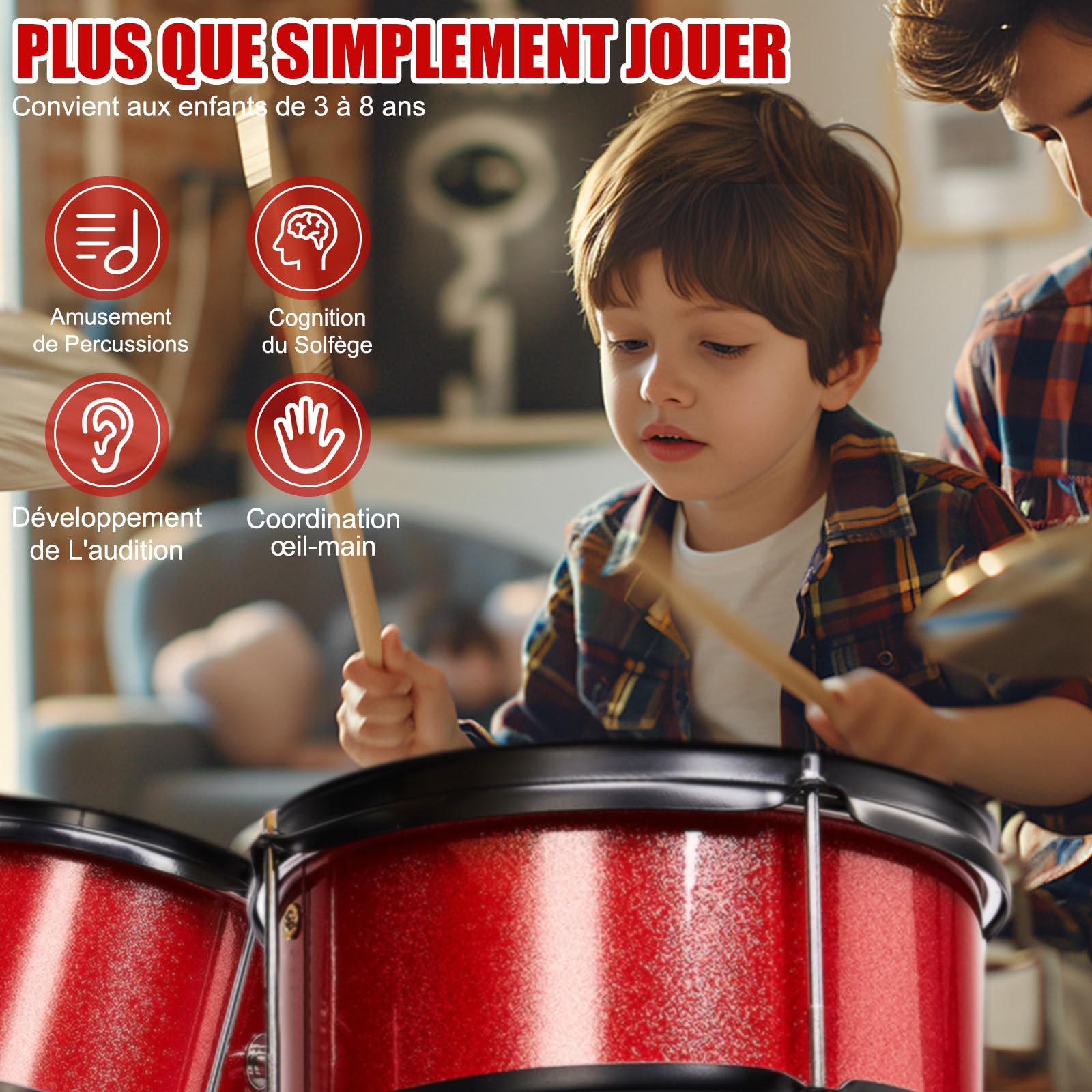 LEADZM Kit de Batterie pour Enfants 14", avec Tabouret, Pédale de Grosse Caisse et 2 Baguettes, Cymbale, Tom et Caisse Claire pour les 3 ans et plus (Rouge)