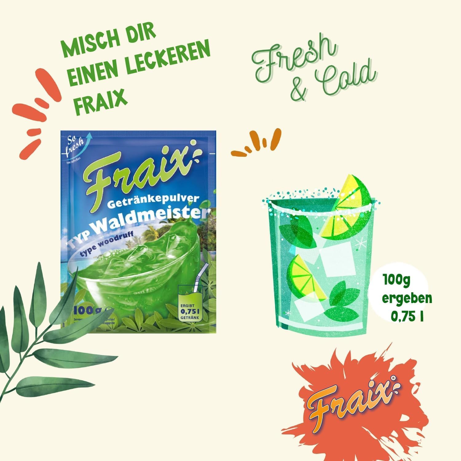 FRAIX Bebidas en polvo Waldmeister, paquete de 150 unidades (150 x 100 g), polvo refrescante instantáneo con sabor floral, polvo de fruta perfecto para pícnic, fiesta de cumpleaños