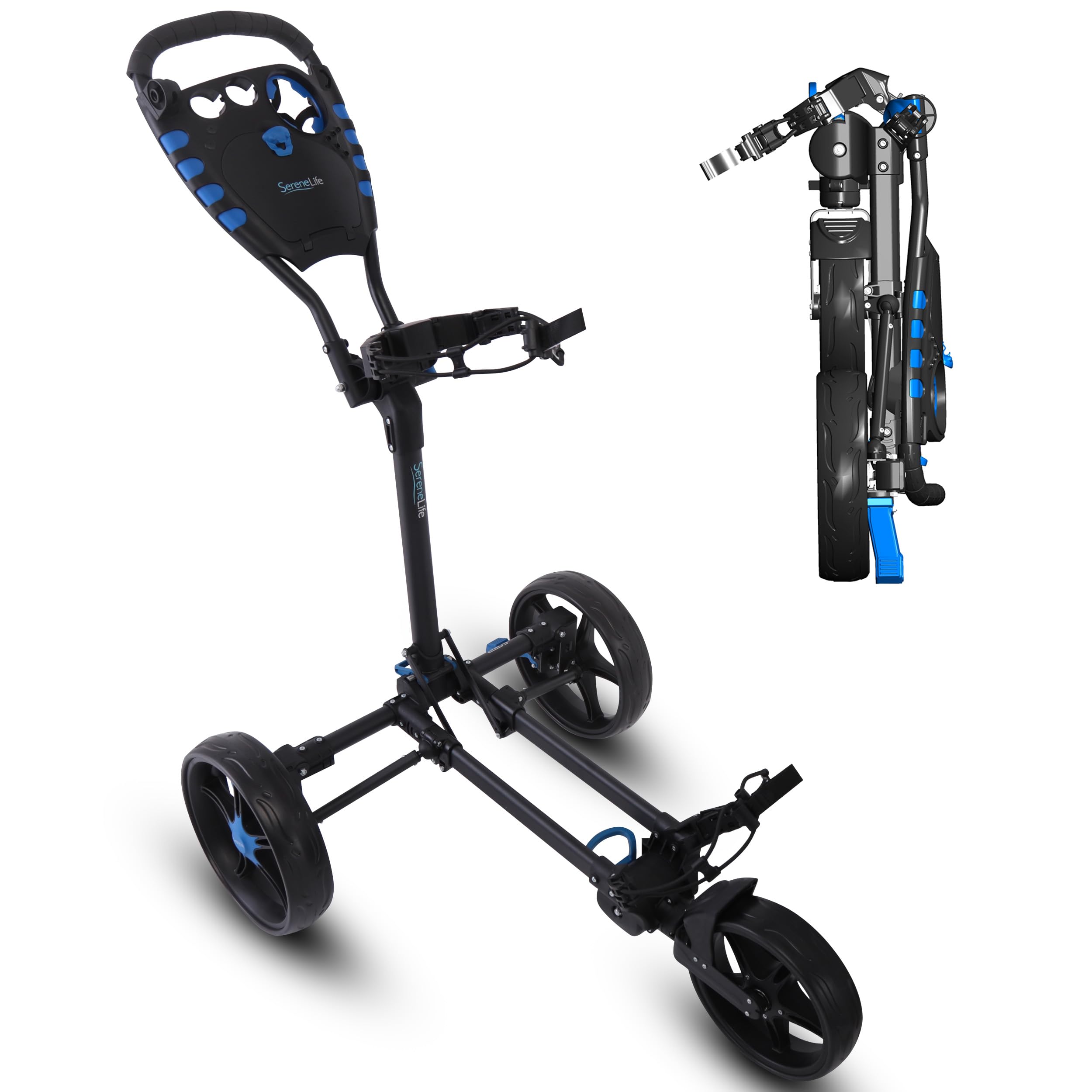SereneLife Golf Cart Lightweight Foldable Golf Push Cart - Aluminum Folding Trolley with Adjustable Handle, Elastic Bag Straps, Dual Brakes, Scorecard & Cup Holders for Easy Maneuverability