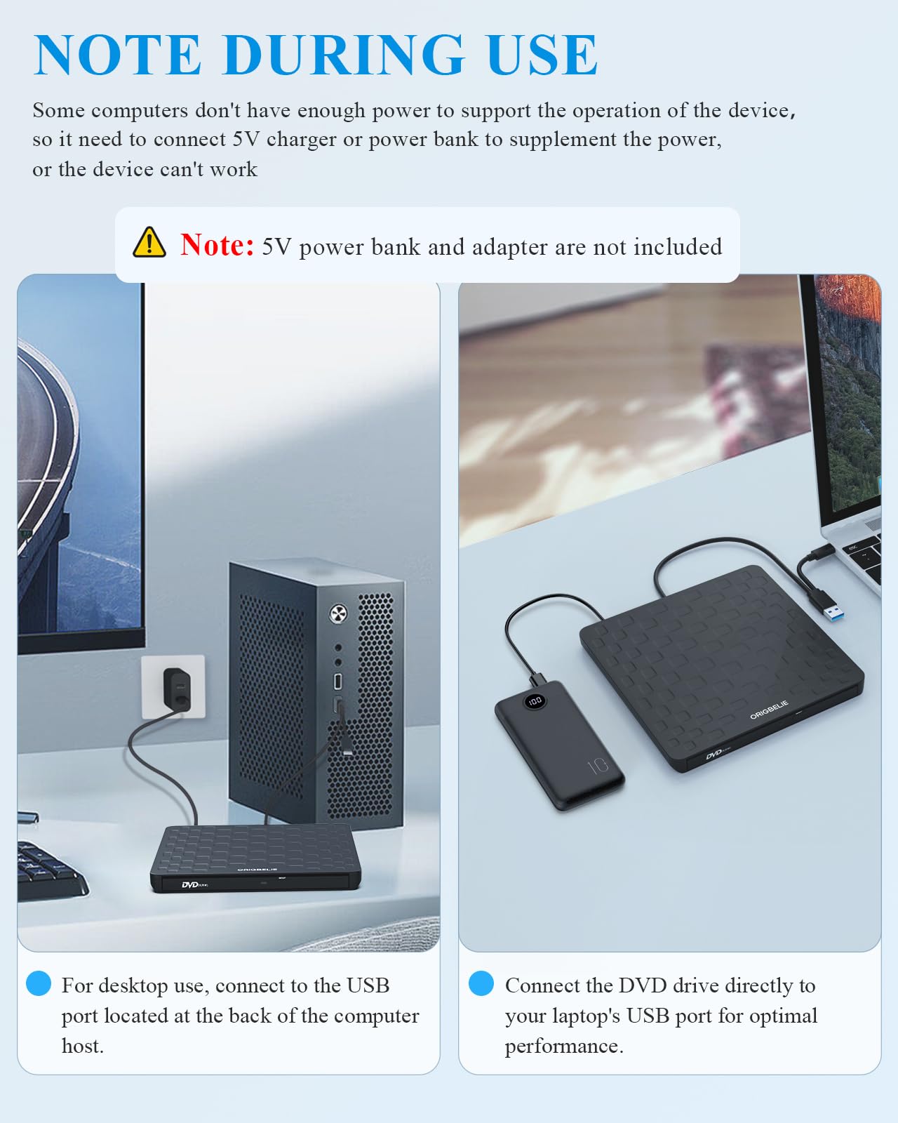ORIGBELIE - Zewnętrzny napęd CD i DVD do laptopa, USB 3.0 typu C ultra cienki 13mm przenośny odtwarzacz DVD CD DVD +/-RW nagrywarka CD nagrywarka dla PC
