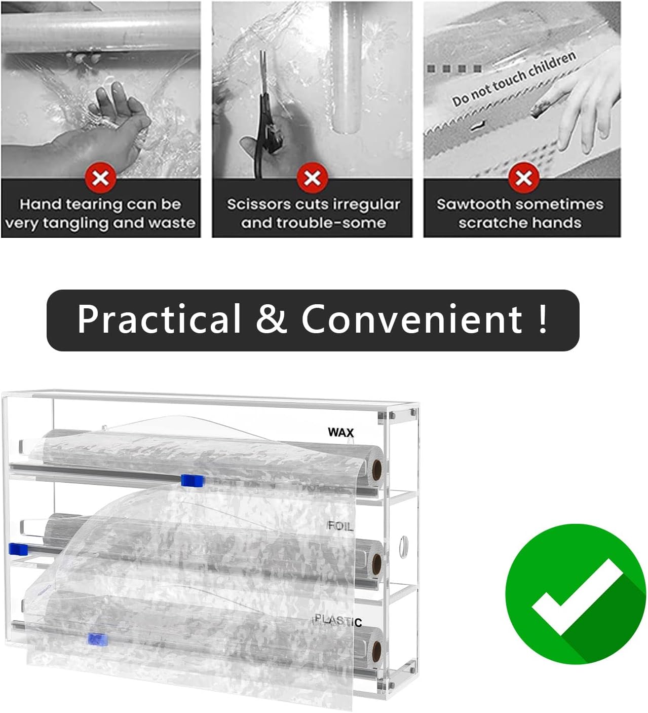 Tin Foil Organizer for Drawer with 12 Labels, Plastic Wrap Dispenser with Cutter, 3 in 1 Acrylic Aluminum Foil Holder, 2 Drawer Organizer for Kitchen Compatible with 12" Roll - Image 6