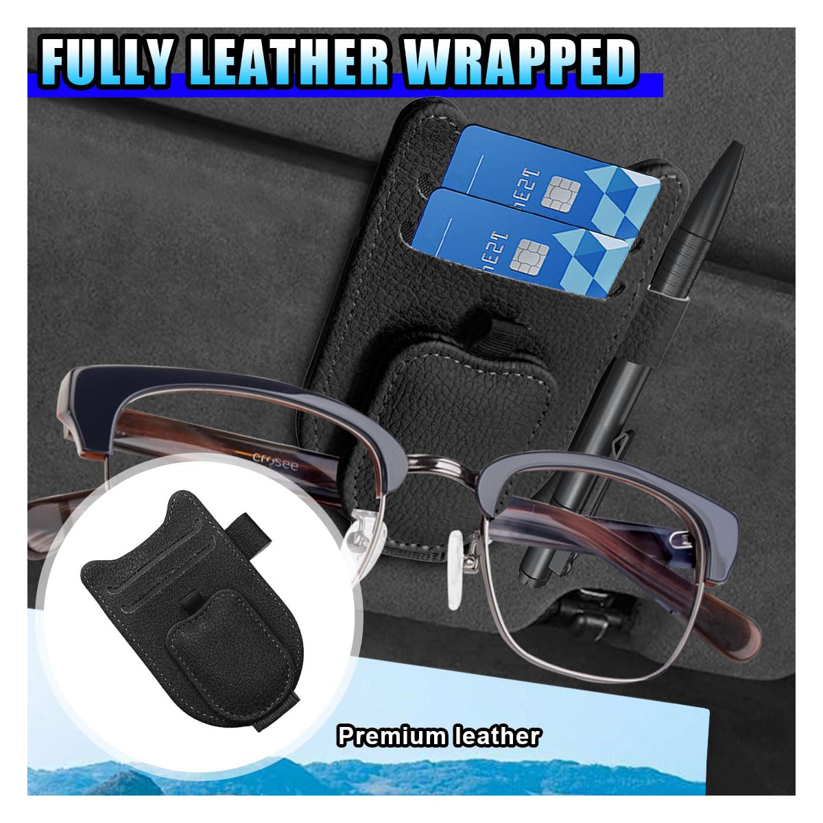 2 soportes magnéticos para gafas de sol para visera de coche, soporte de cuero para gafas y clip para tarjeta de boleto, accesorios universales para interior de vehículo para camión, SUV