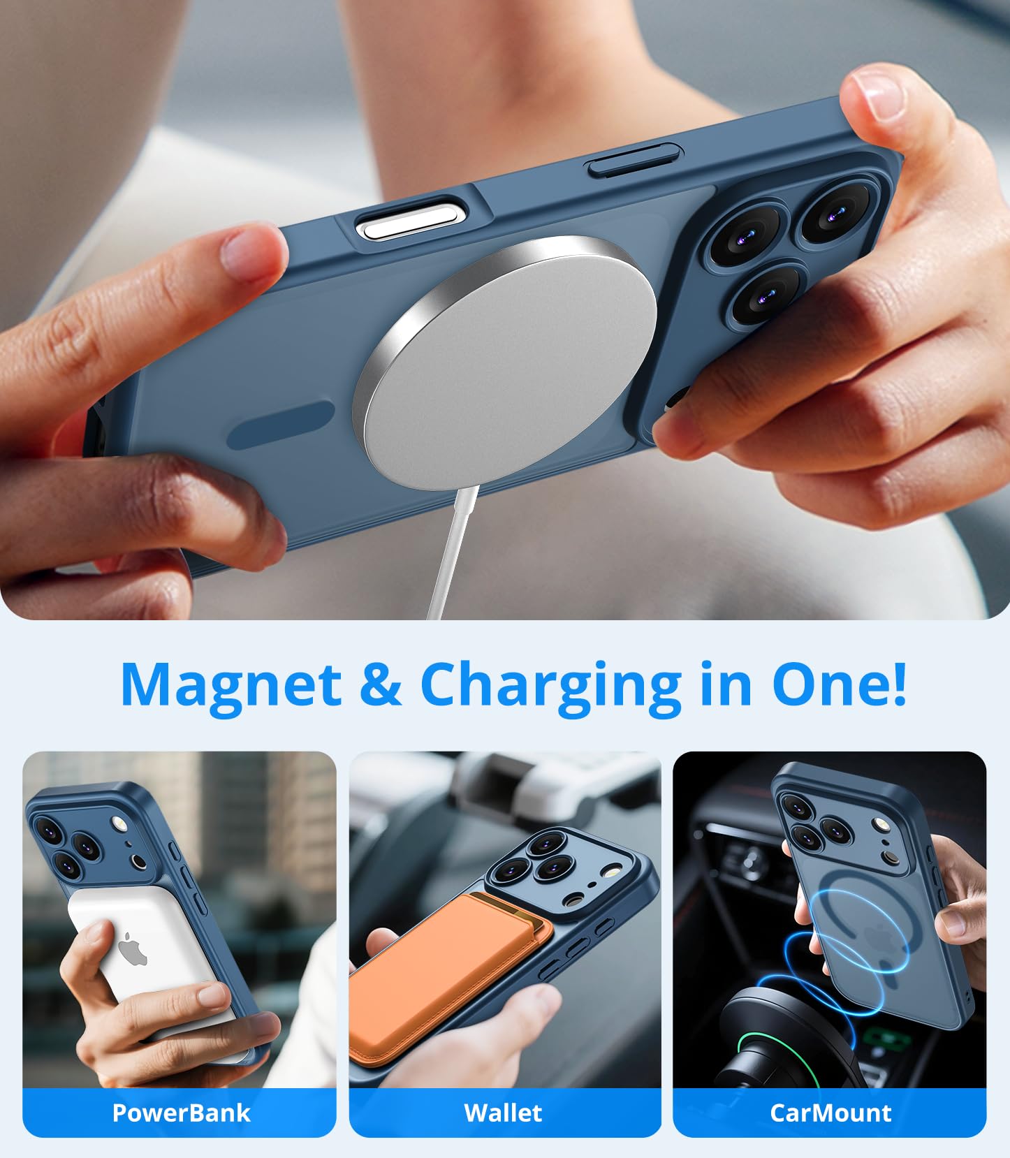 Vansdon Cover Magnetica per iPhone 17 Pro Max con 1 Pezzi Vetro Temperato, Compatibile con Magsafe, Protezione anticaduta di livello militare, Custodia Traslucida Opaca Sottile Antiurto-Blu Profondo