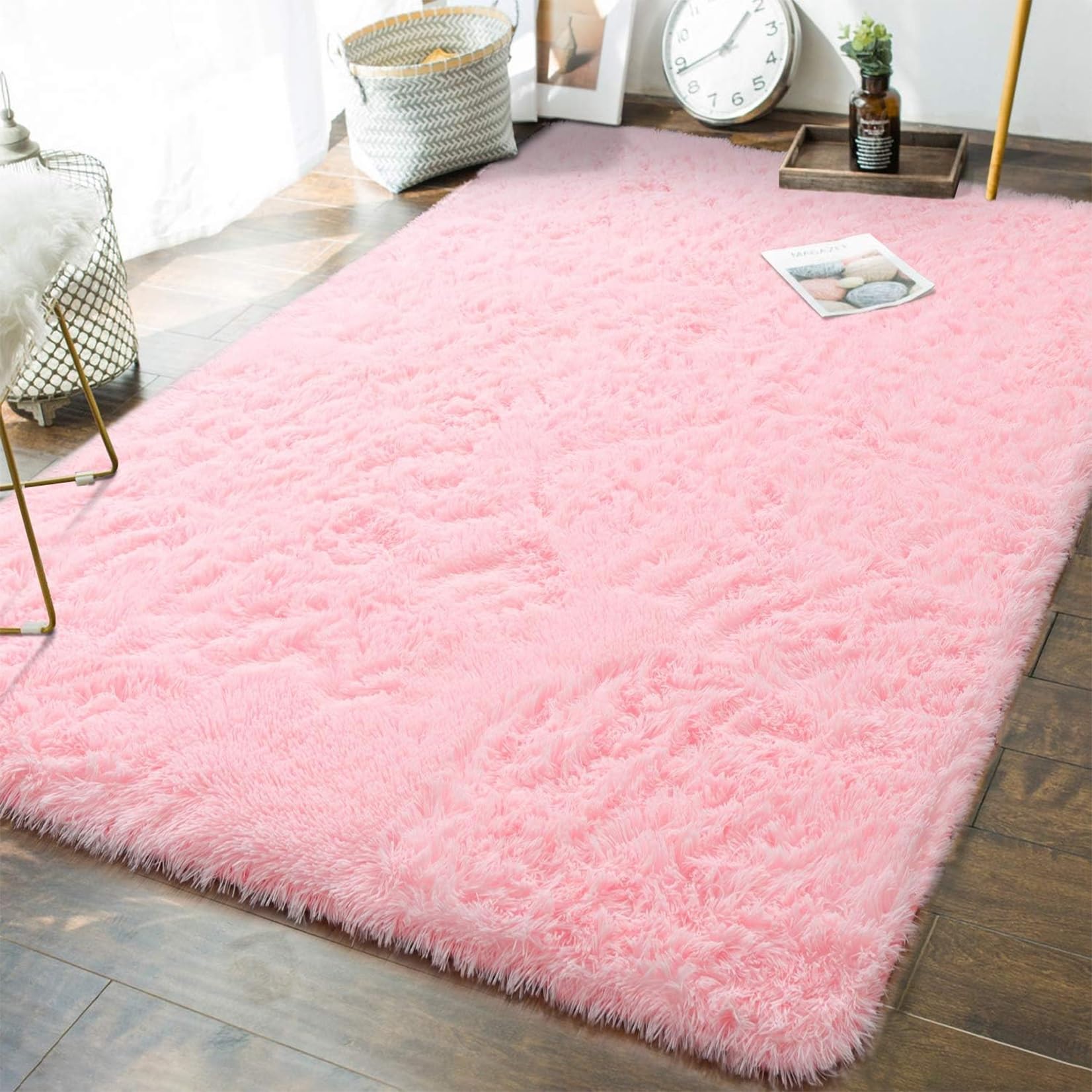 Tapis chambre filles rose 150x200 cm, grand tapis moelleux pour coin lecture