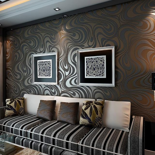 HANMERO Modern Luxury Abstract Curve 3D Wallpaper Roll Mural Papel De Parede Flocking for Striped Black&Brown Color Wallpaper 0.7m*8.4m=5.88