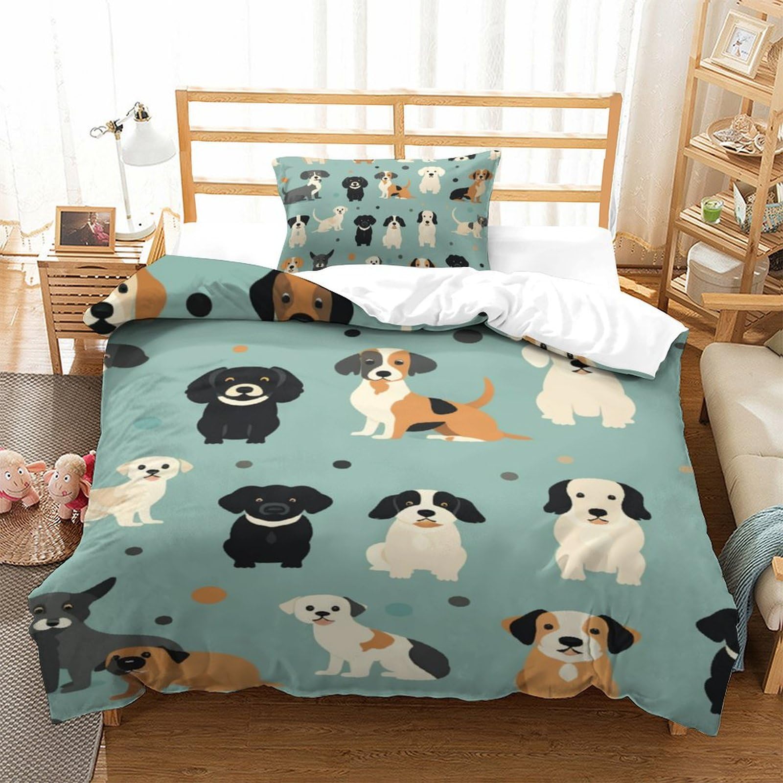 Housse de couette Chien 3D 135x200cm en microfibre avec 2 taies d'oreiller pour lit enfant