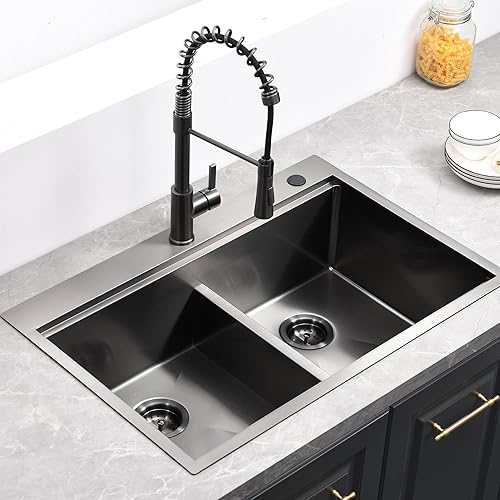 Miniatura 8 de ALWEN Fregadero de cocina doble de 33 pulgadas, color negro, hecho a mano, con estación de trabajo de montaje superior, calibre 16, fregadero de