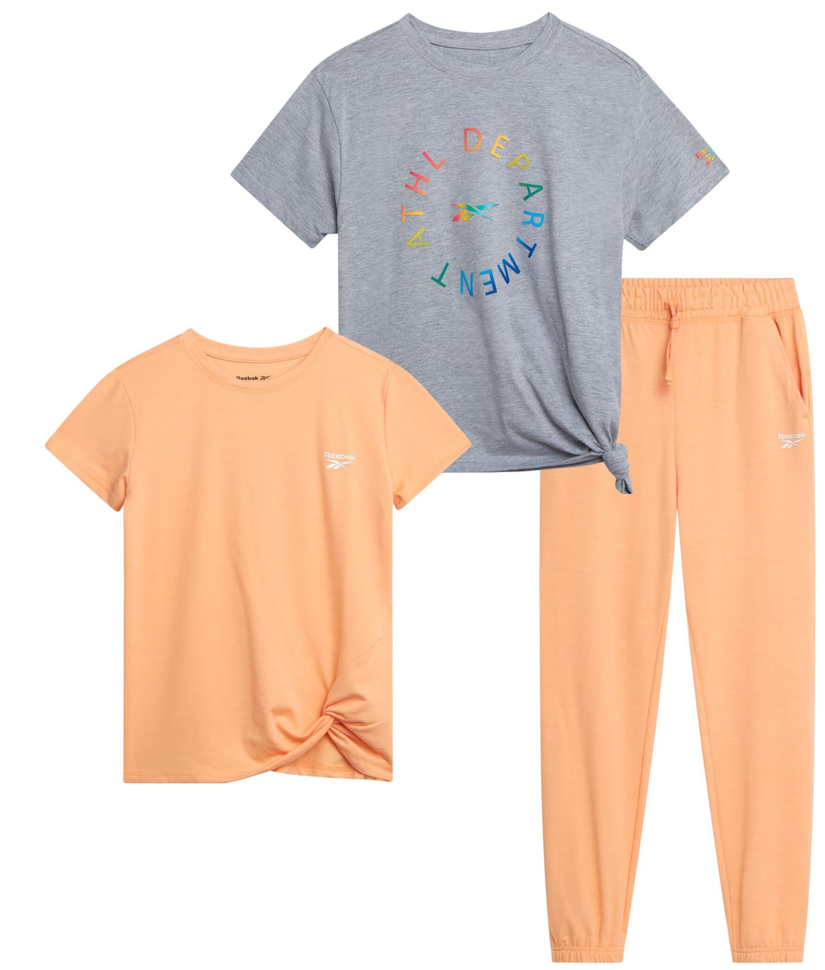 Reebok Girls Sweatpant Set - 3 Piece Athletic Short Sleeve Girls Shirts and Jogger Sweatpants with Pockets -