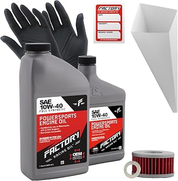 Factory Racing Parts Oil Change Kit compatible with Suzuki GN250, GZ250 Marauder Includes 1.5 Quarts of 10W-40 Full Synthetic Oil, 1 Filter, 1 Crush Washer, 1 Funnel, 1 Oil Change Reminder Sticker
