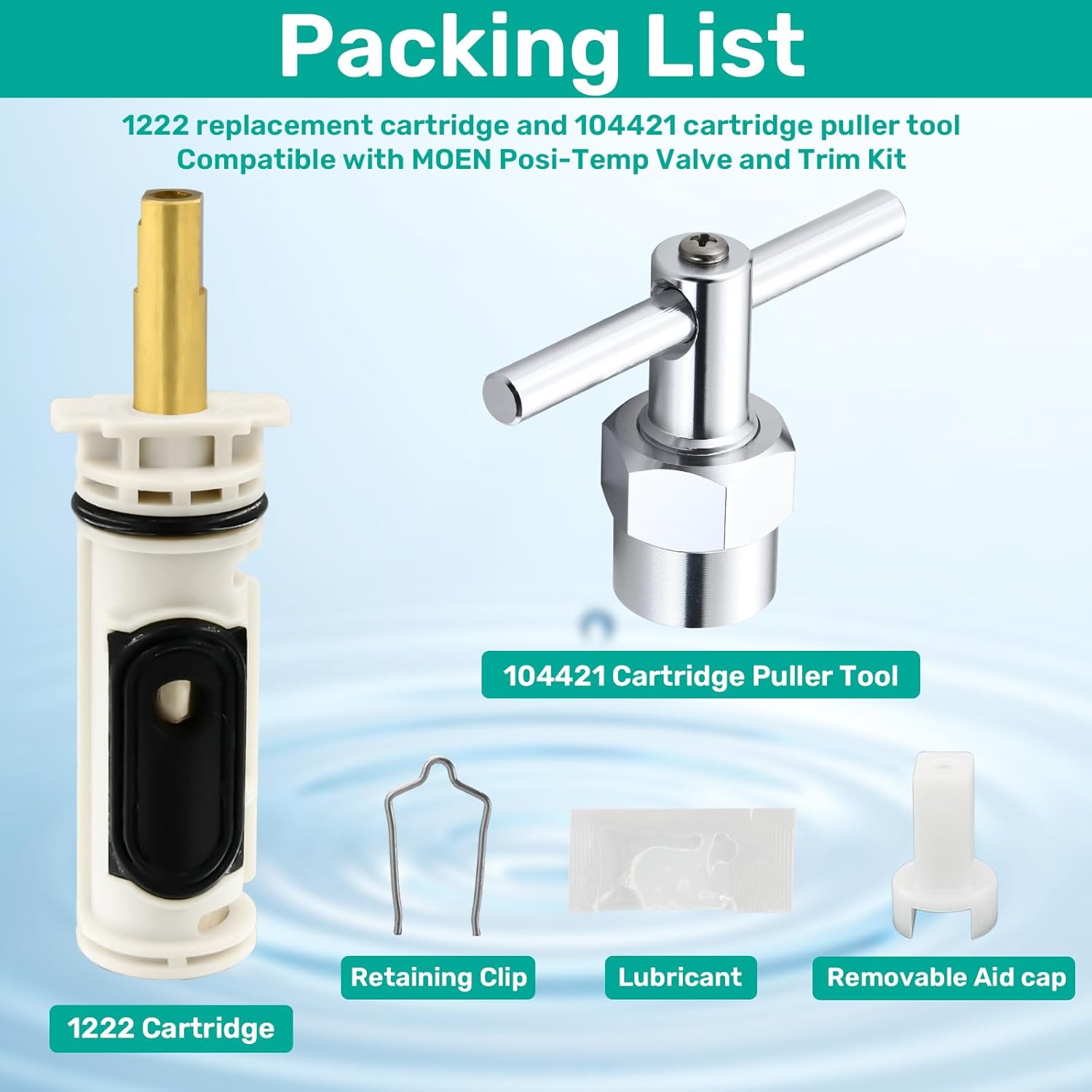 1222 Replacement Cartridge Kit for Moen One Handle Posi Temp Faucet, Compatible with Moen Bathtub & Shower Valve Cartridge, Including 104421 Removal Tool