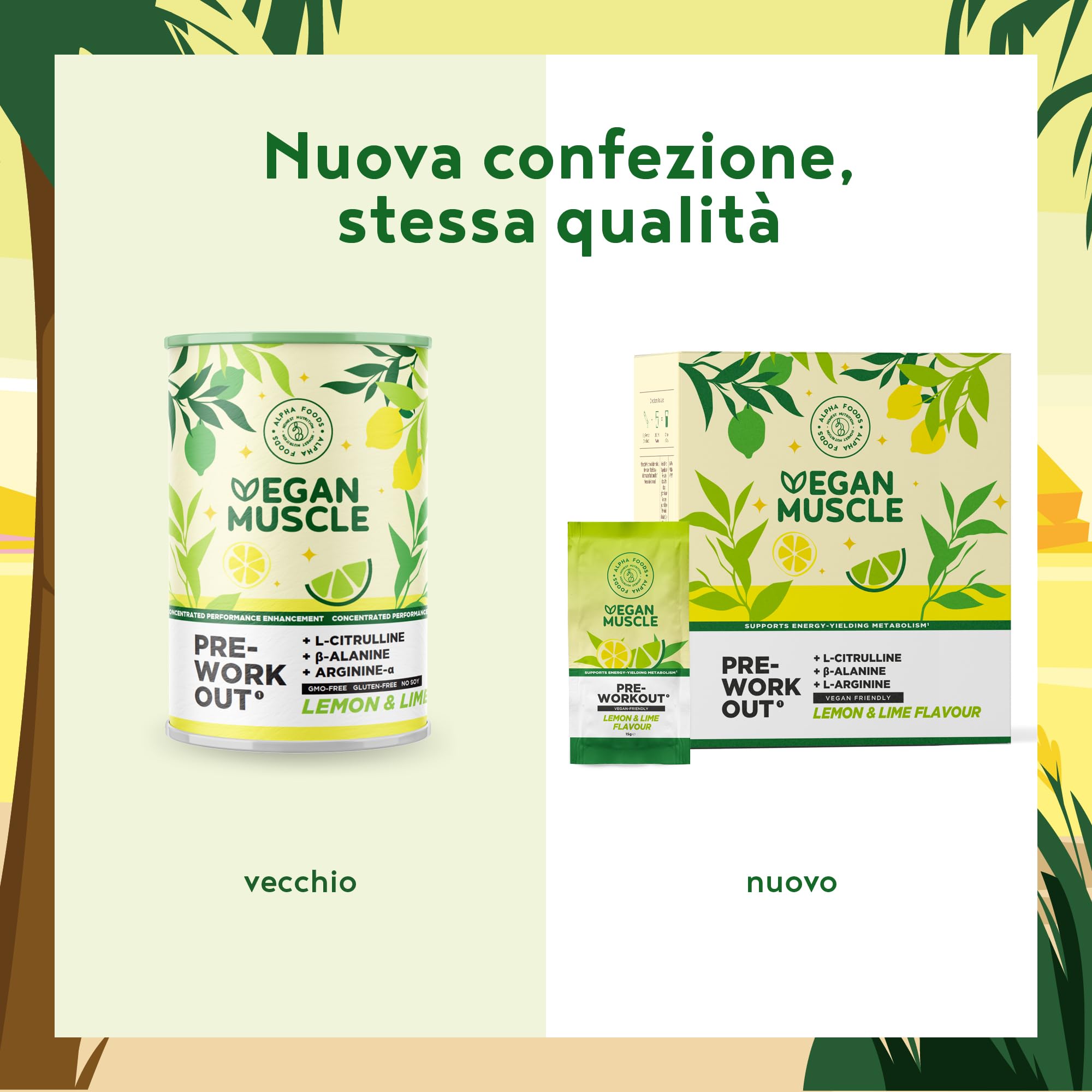 Vegan Muscle® | Pre Workout Performance Booster | Integratore preworkout energetico Vegano con L- Citrullina, Arginina e Creatina | Gusto Limone e Lime | 300 g proteine in polvere | Alpha Foods