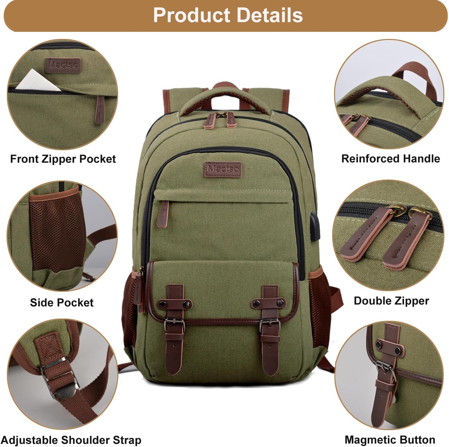 Mactso Canvas Travel Laptop Backpack for Men Women, Business Work Rucksack College School Computer Bag Fits 15.6 Inch Notebook,Bookbag with USB Charging Port (Green, 15.6 Inch) - Image 6